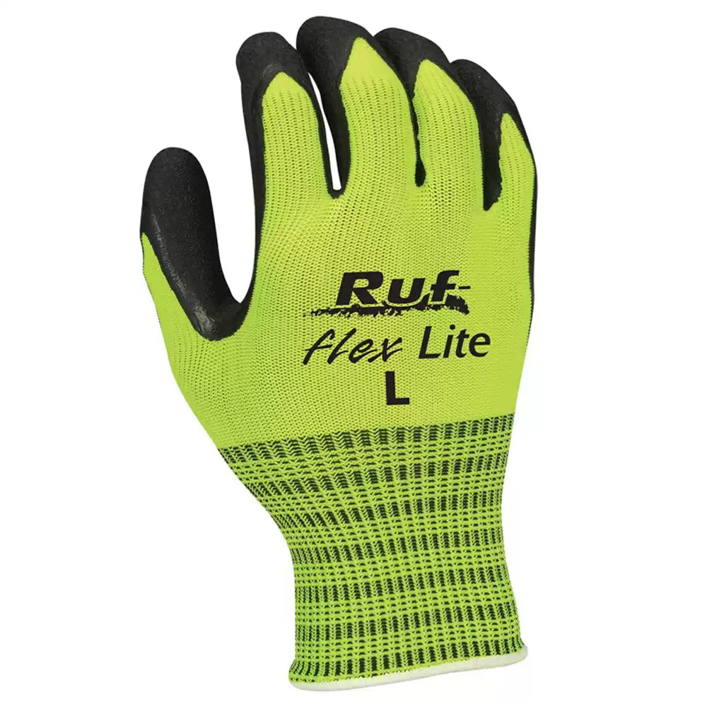 Ruf Flex Lite Hi-Vis Yellow Rubber Palm Coated String Knit Gloves (12 Pairs) - Durable Work Gloves for Construction, Gardening & Outdoor Safety