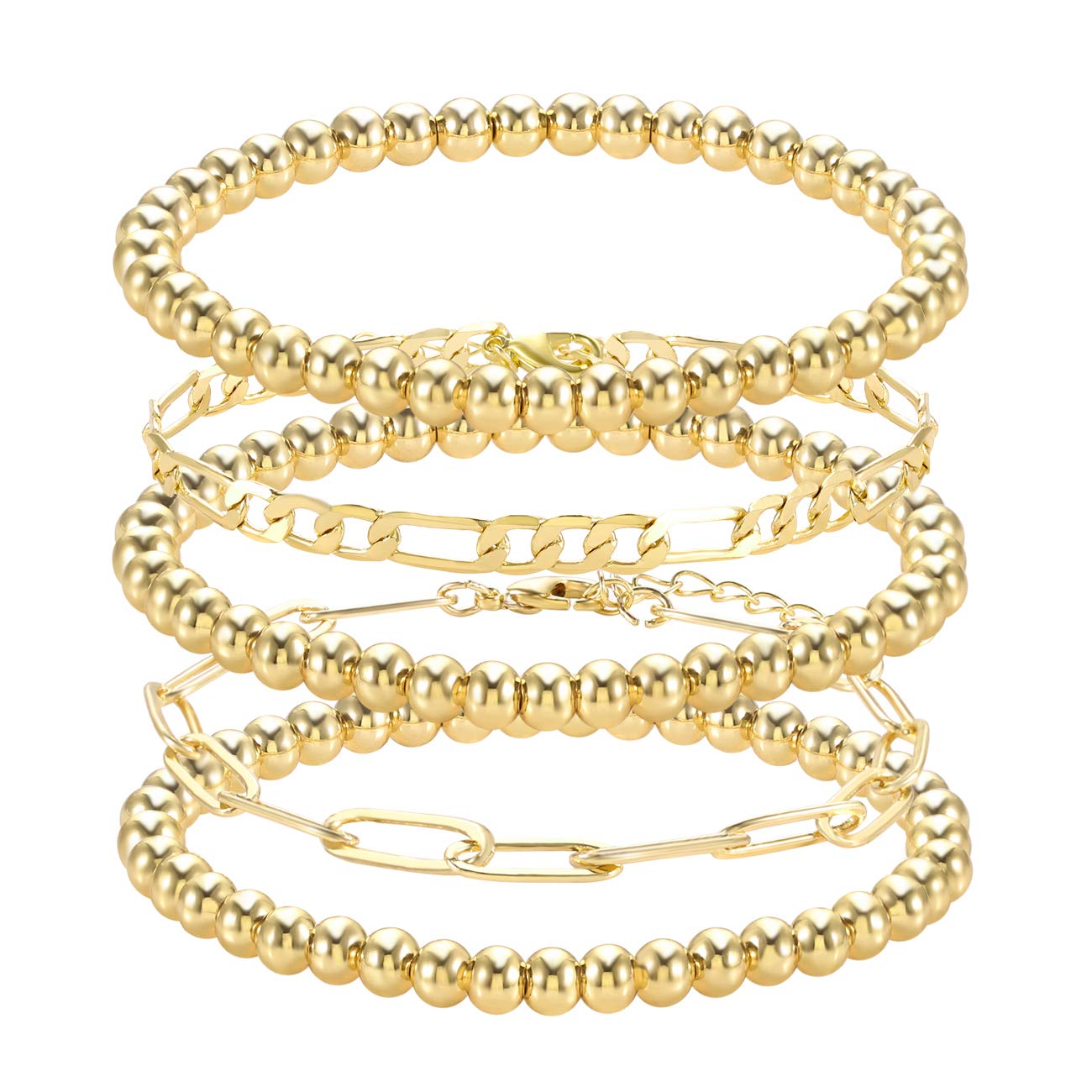 Stylish Beaded Stretch Bracelets for Women - Gold & Silver Small Ball Beads, Dainty Paperclip & Figaro Link Chain Bracelet Set (His & Her) - Perfect for Layering, Stacking, and Everyday Wear