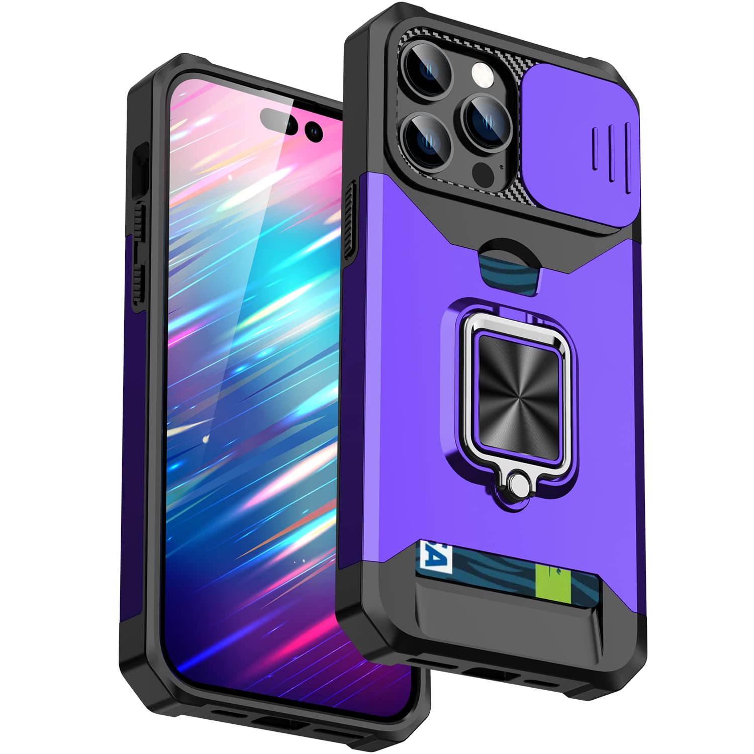 Military Shockproof iPhone 14 Pro Case with HD Screen Protector, Sliding Camera Cover & Card Holder - Purple Full Body Protective Phone Cover with Ring Kickstand | Perfect for Outdoor Activities, Travel & Daily Use