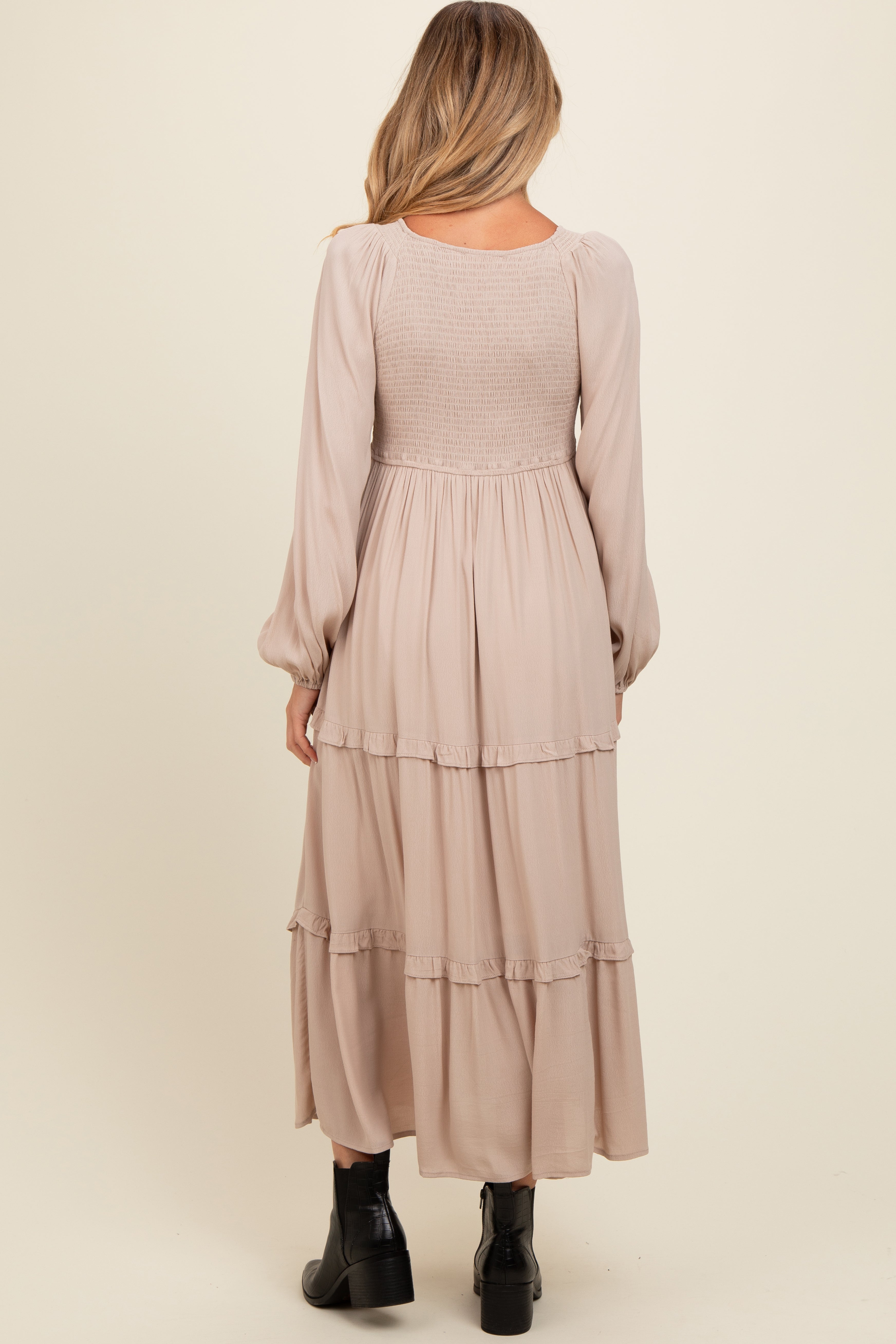 Beige Smocked V-Neck Ruffle Tiered Maternity Maxi Dress for Pregnancy & Nursing - Comfortable Flowy Long Dress for Baby Shower, Maternity Photos & Special Occasions