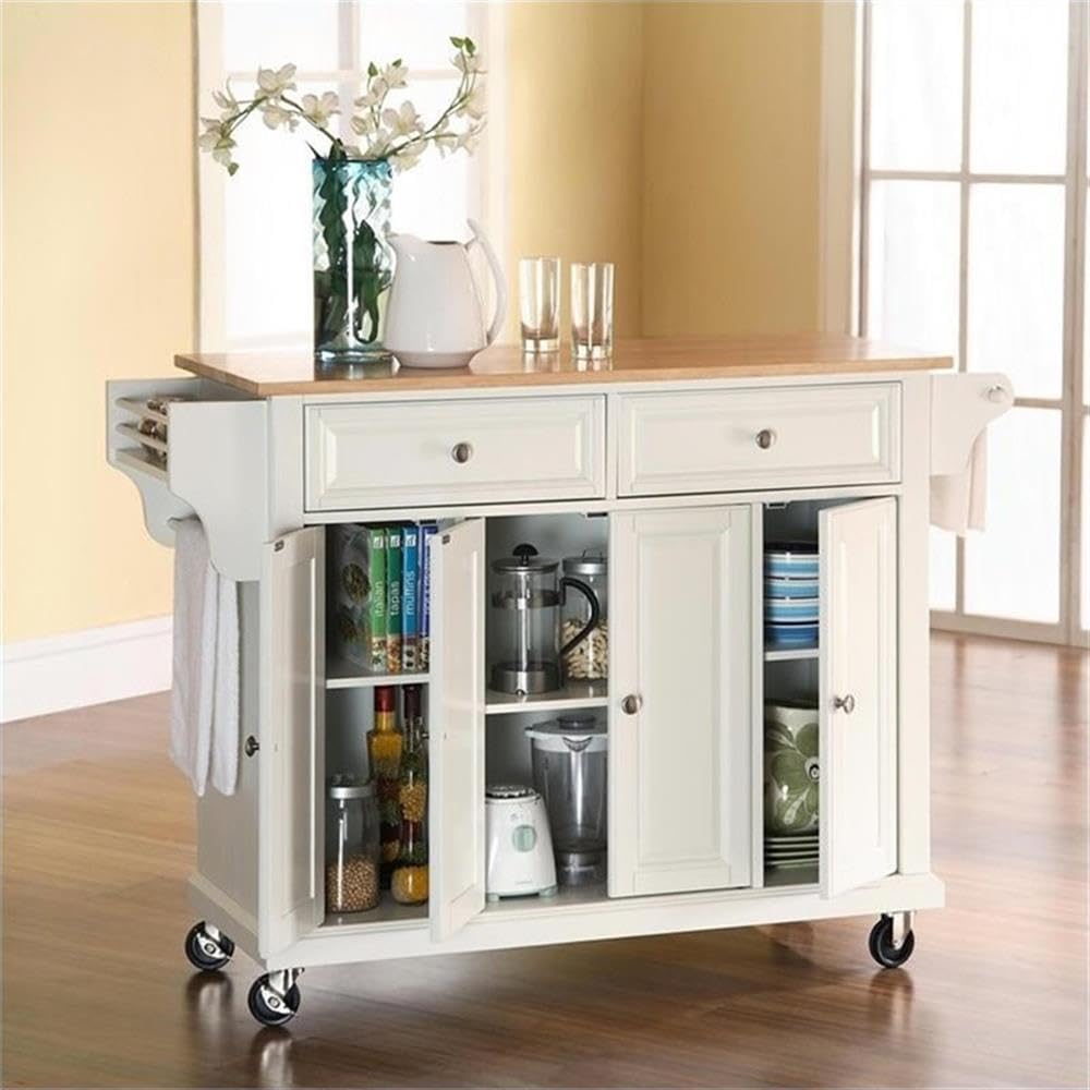 Crosley White Wood Top Rolling Kitchen Island Cart with Storage - Microwave Stand & Spice Rack - Perfect for Small Kitchens, Pantry Organization & Extra Counter Space