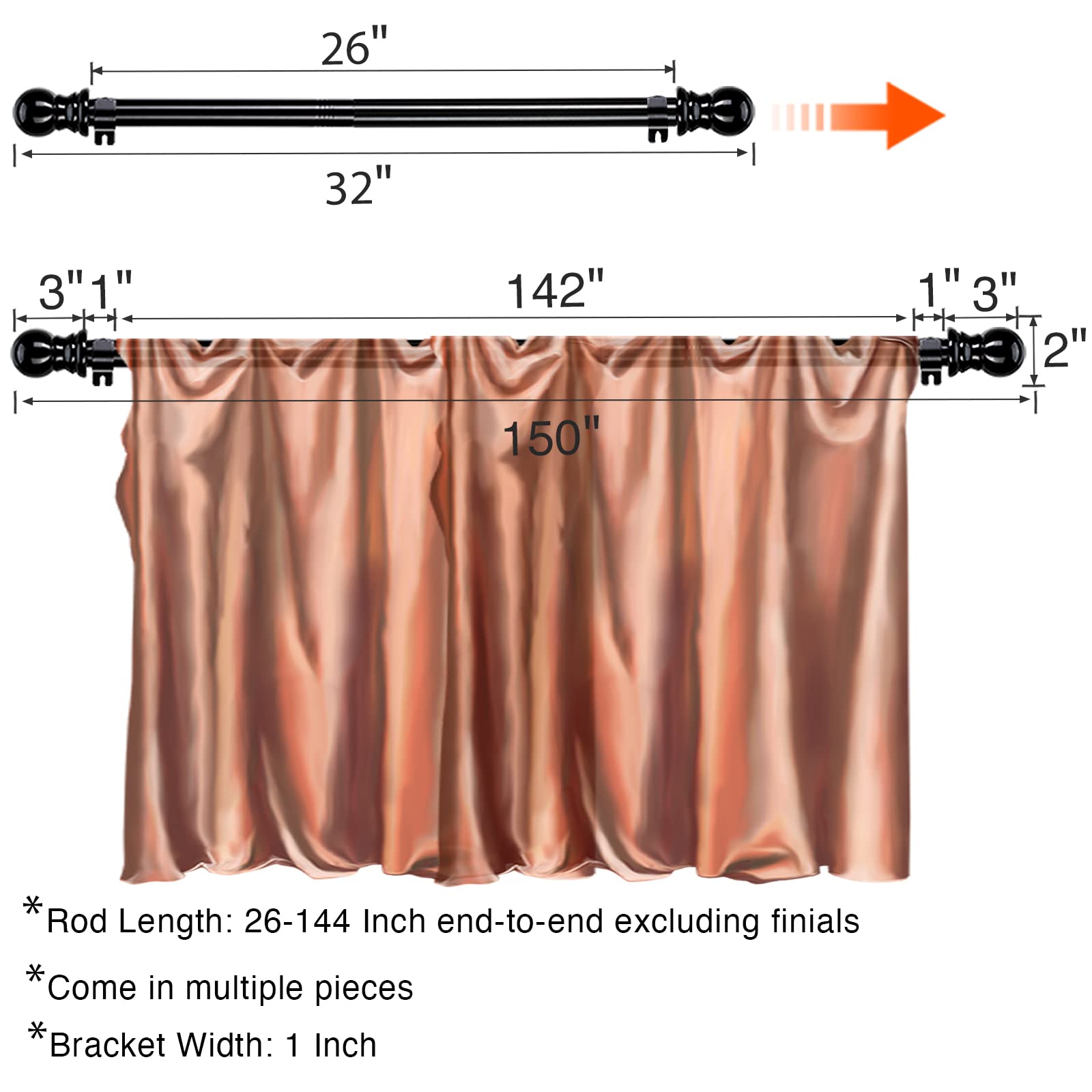1 Inch Black Long Curtain Rods for Windows 26-144 Inches - Heavy Duty Small Decorative Window Curtain Rod Set with Brackets & Hardware for Drapes, Bedroom, Sliding Glass Door - Perfect for Living Room, Nursery & Home Decor