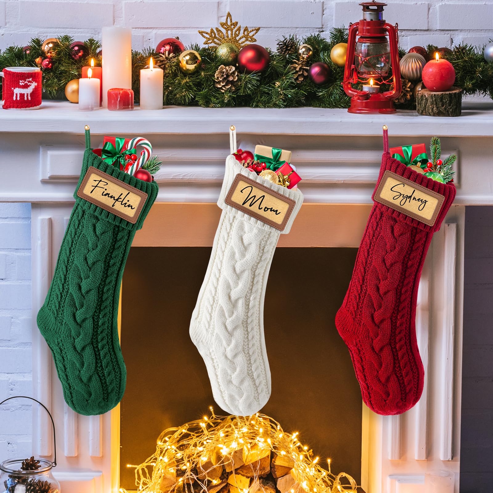 4 Pack Personalized Christmas Stockings with Leather Patches - Custom Name Family Xmas Stockings (18.5
