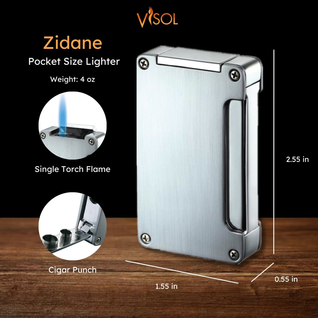 Visol Zidane Brushed Silver Torch Flame Lighter - Windproof Refillable Butane Lighter for Outdoor Camping, Hiking & BBQ