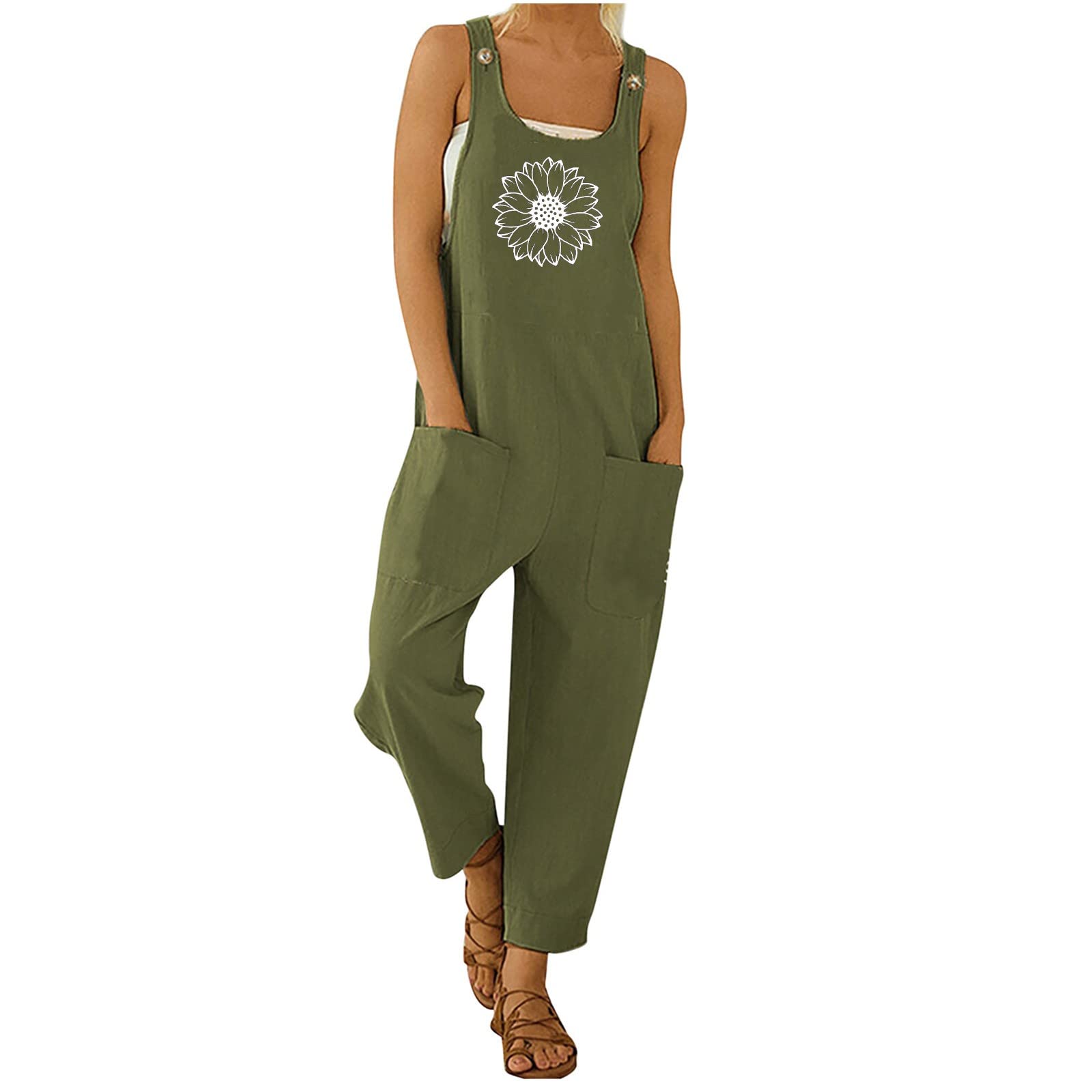 Vintage Linen Strappy Jumpsuit for Women - Retro Graphic Print One Piece Coverall - Casual Summer Outfit for Beach, Travel & Street Style