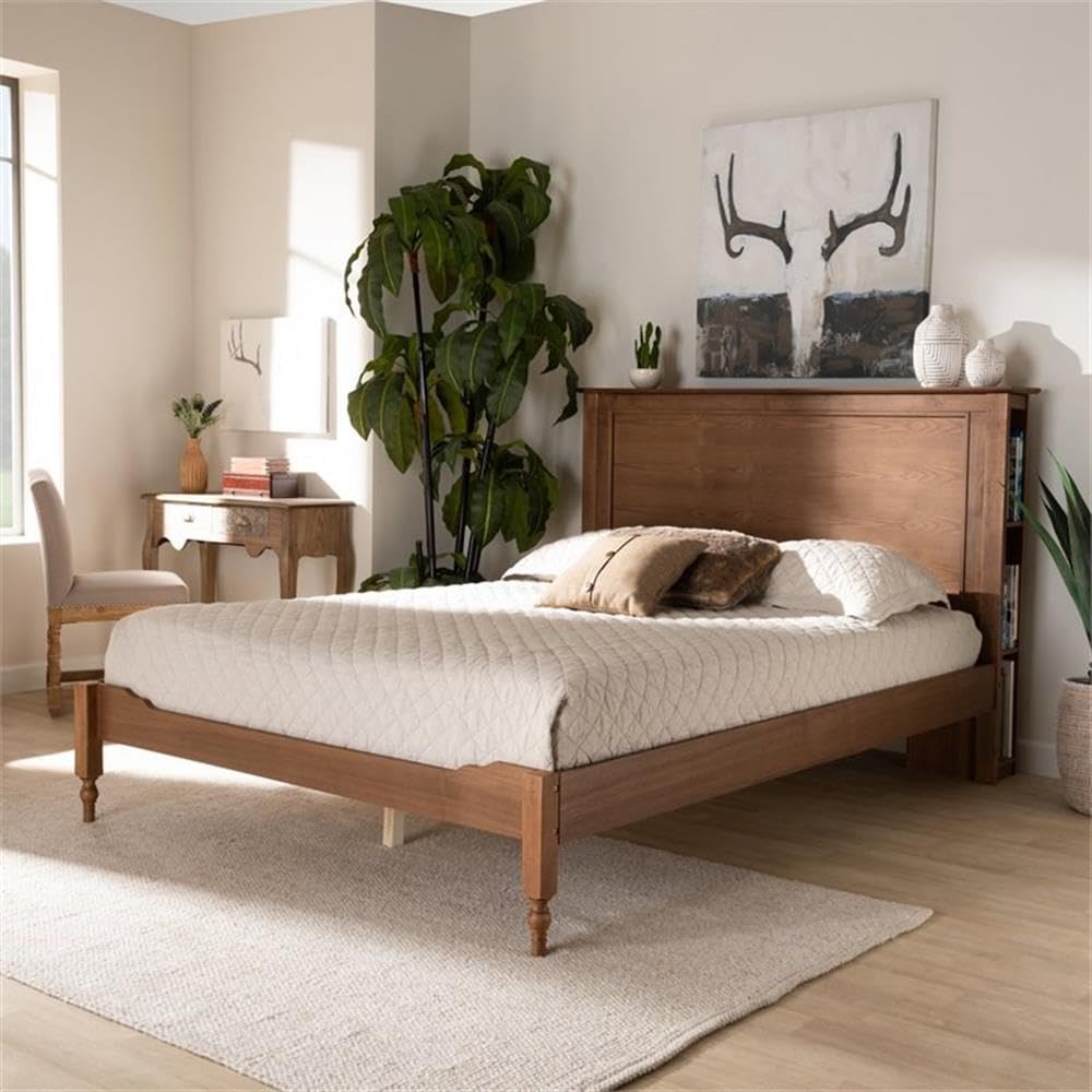 Baxton Studio Danielle Full Size Platform Storage Bed with Built-In Shelves - Rustic Ash Walnut Brown Wood - Traditional & Transitional Style for Bedroom, Guest Room, or Small Space