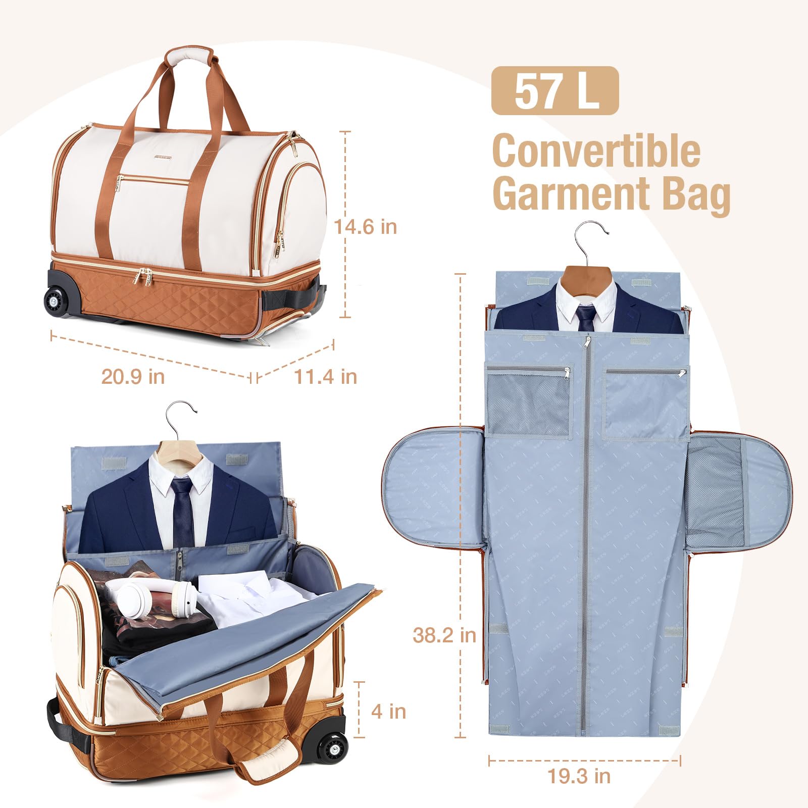 Rolling Garment Bag for Travel - Convertible Duffel Bag with Wheels & Shoes Compartment, Carry On Suitcase with Trolley for Business Trip, Wedding, Weekender (Beige) | Perfect for Air Travel, Business Meetings & Weekend Getaways