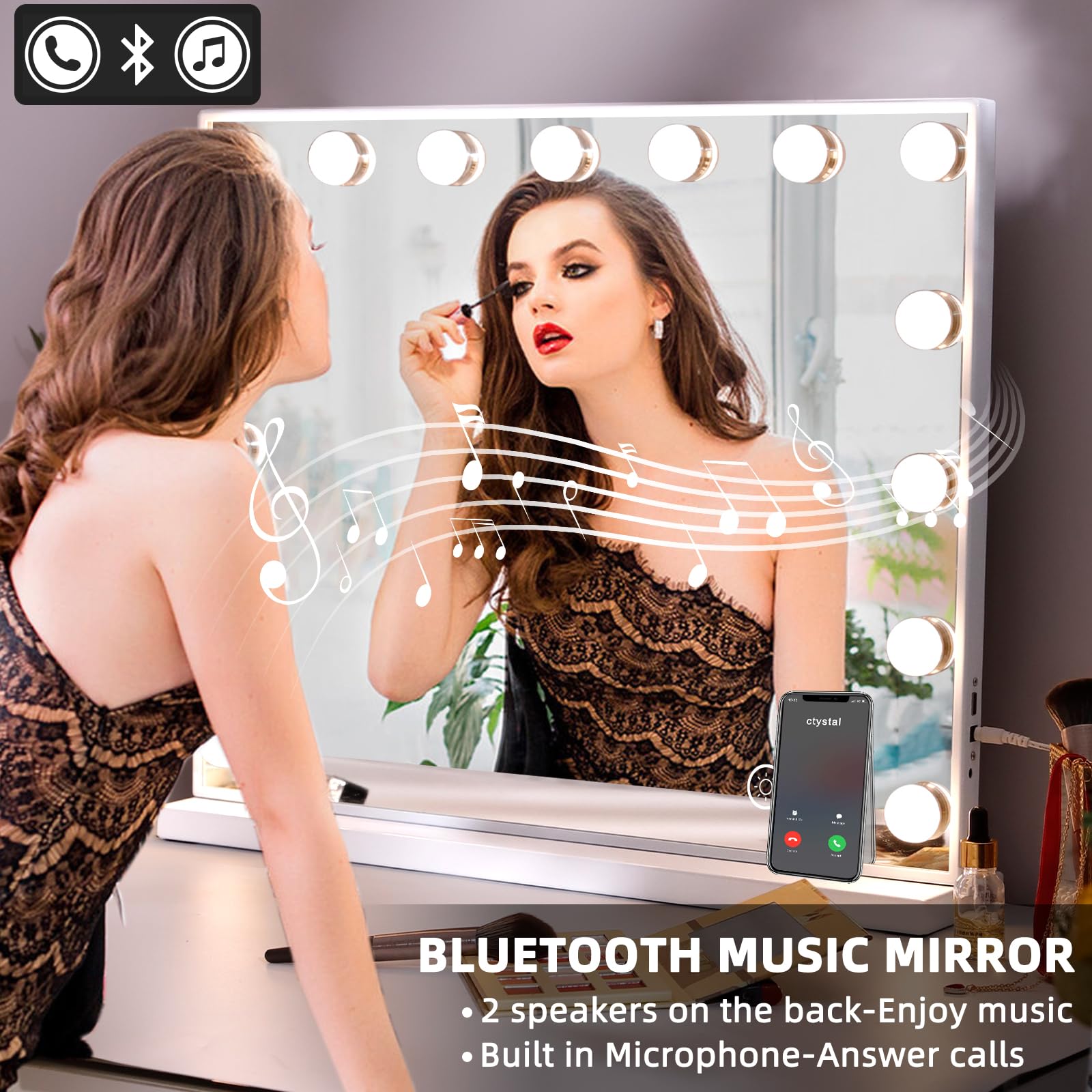 Premium Hollywood Vanity Mirror with Bluetooth, USB Charging & Touch Control - 15