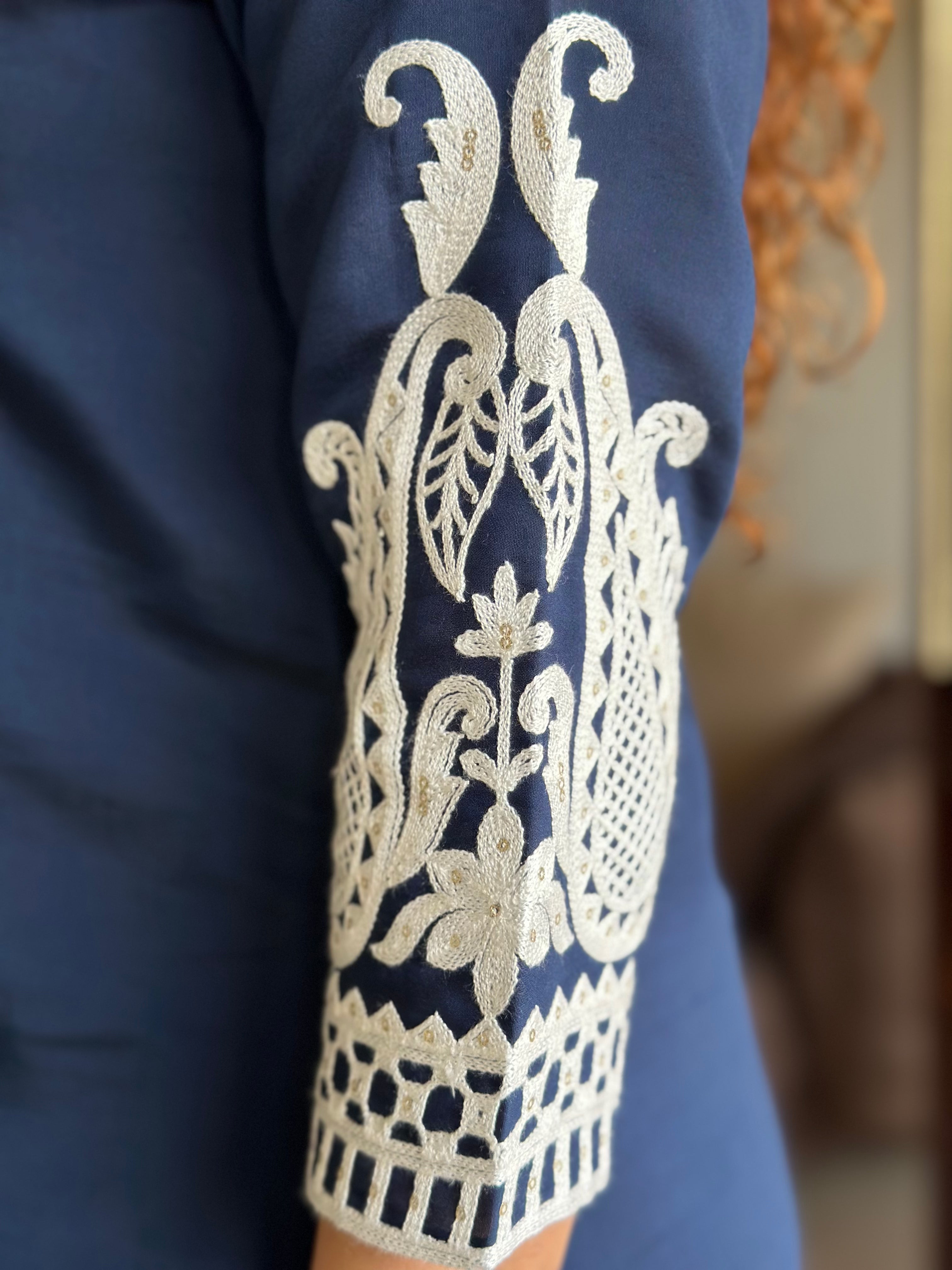 Sapphire Stitch Embroidered Blue Matching Outfit Set for Women - Elegant Lounge Wear & Casual Date Night Outfits