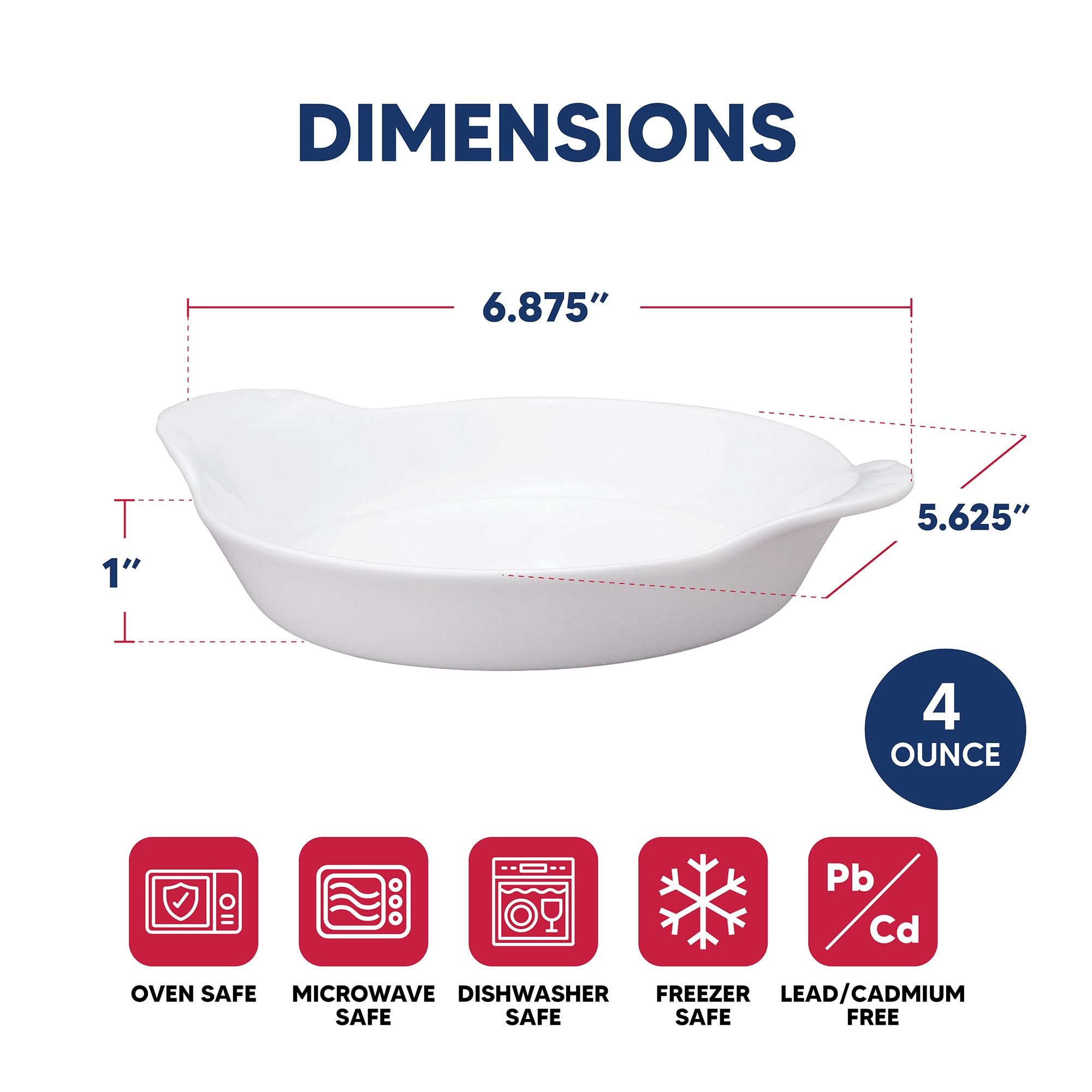 Premium 4-Ounce White Porcelain Au Gratin Baking Dishes Set of 6 - HIC Kitchen Round Ramekins for Crème Brûlée, Soufflés & Individual Desserts - Perfect for Home Baking, Entertaining & Restaurant Use