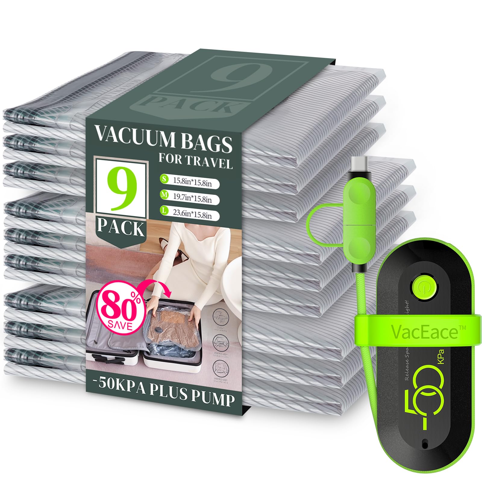 9 Pack Travel Vacuum Storage Bags with USB Electric Pump - Space Saving Compression Bags for Clothes, Luggage & Suitcases | Carry-on Size for Travel, Moving & Home Storage Organization