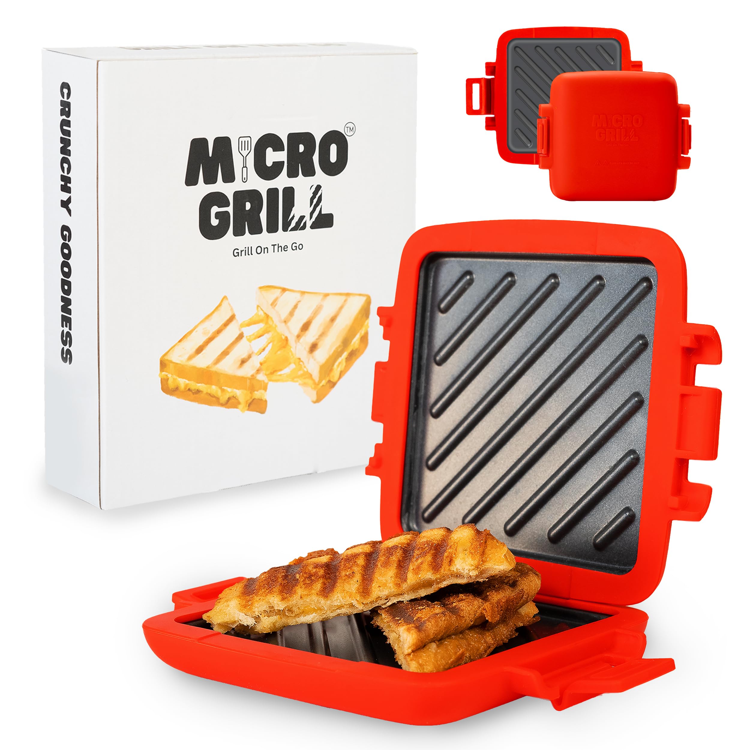 Grilled Cheese Sandwich Maker - Microwave & Travel Panini Press with Non-Stick Plates for Quick & Easy Toasties - Perfect for Home, Office & Camping (Red)