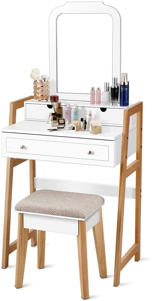 Charmaid 25-inch Vanity Set with 3 Drawers, Large Mirror & Cushioned Stool - Modern Makeup Dressing Table for Women & Girls, Space-Saving Design Perfect for Small Apartments, Bedrooms & Dorm Rooms