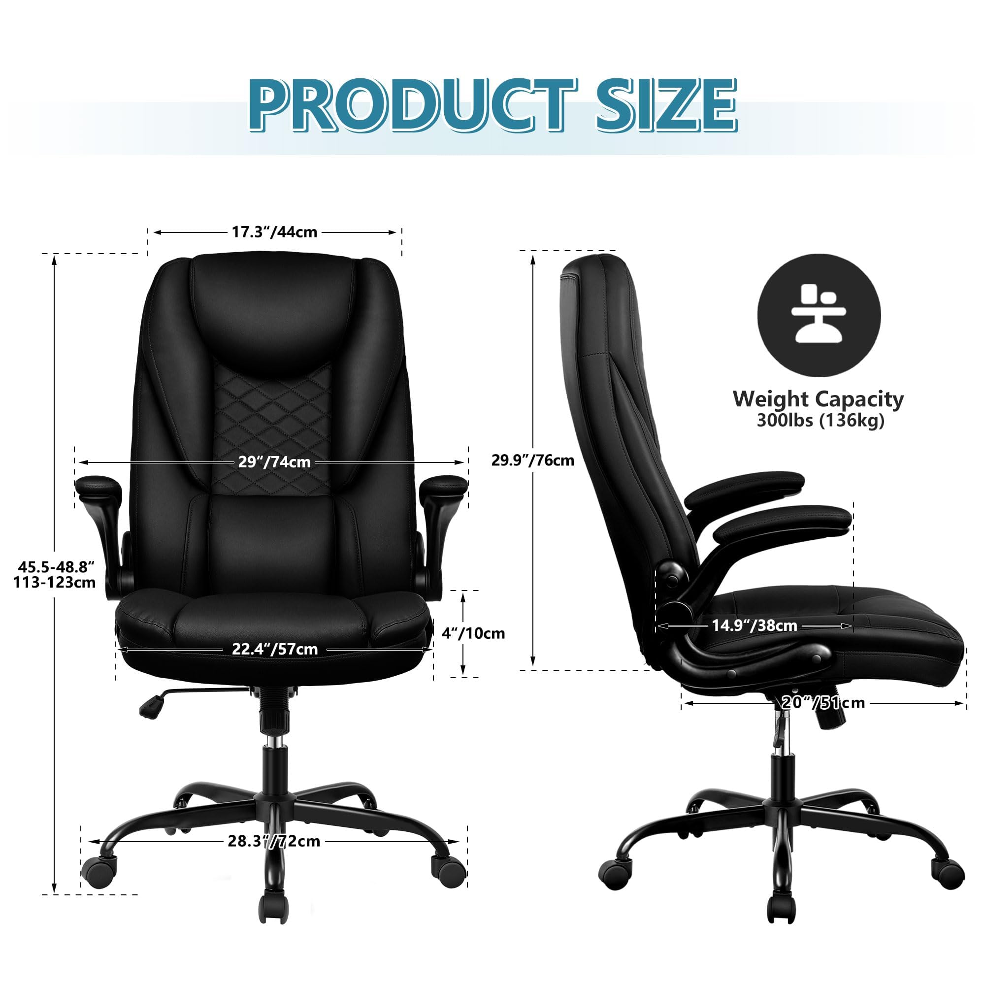 Premium Ergonomic Executive Office Chair - Big & Tall Leather Desk Chair with Adjustable Flip-Up Arms, High Back & Lumbar Support - Comfortable Computer Chair for Home Office, Gaming & Workspace (Black)