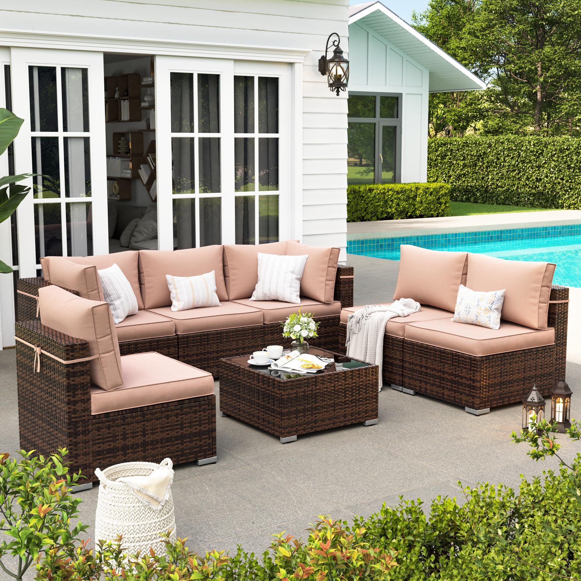 7-Piece Outdoor Patio Furniture Set with Waterproof Cover - All-Weather Wicker Sectional Sofa for Backyard, Brown with Beige Cushions - Perfect for Garden, Poolside & Outdoor Entertaining