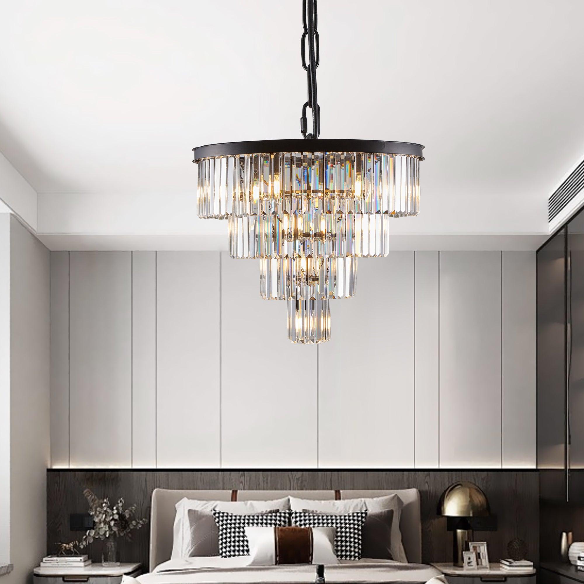 Modern Crystal Chandelier - 4 Tier Black Ceiling Light Fixture for Dining Room, Living Room, Bedroom | Elegant Contemporary Lighting Design (Bulbs Not Included) | Perfect for Home Decor, Wedding Venues & Luxury Interiors