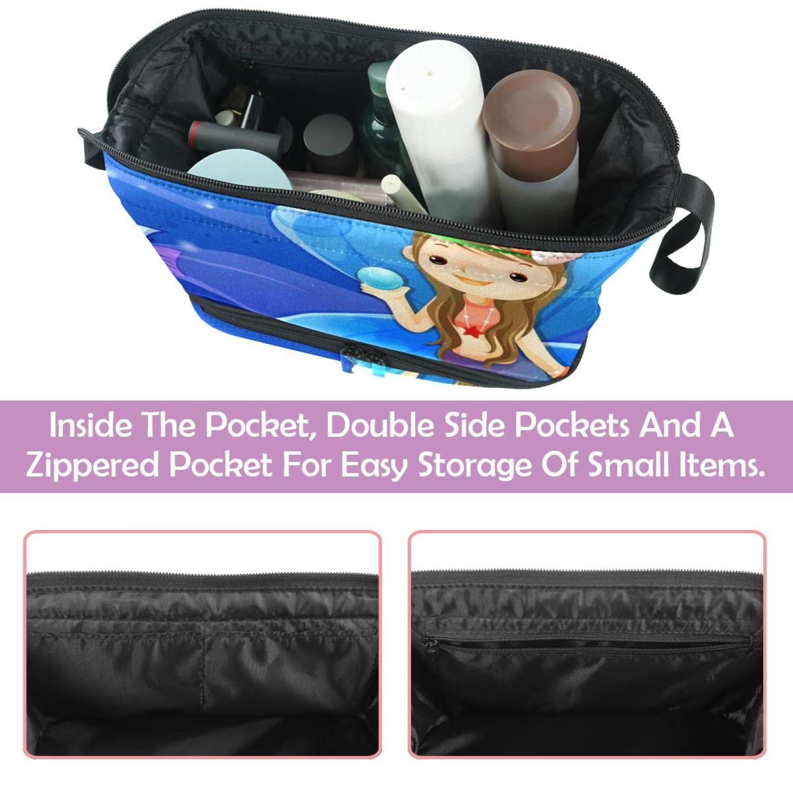 Waterproof Large Makeup Bag with Zipper - Travel Cosmetic Organizer for Women & Girls, Mermaid Cartoon Sea Animal Scallop Design - Perfect for Travel, Gym & Daily Beauty Storage