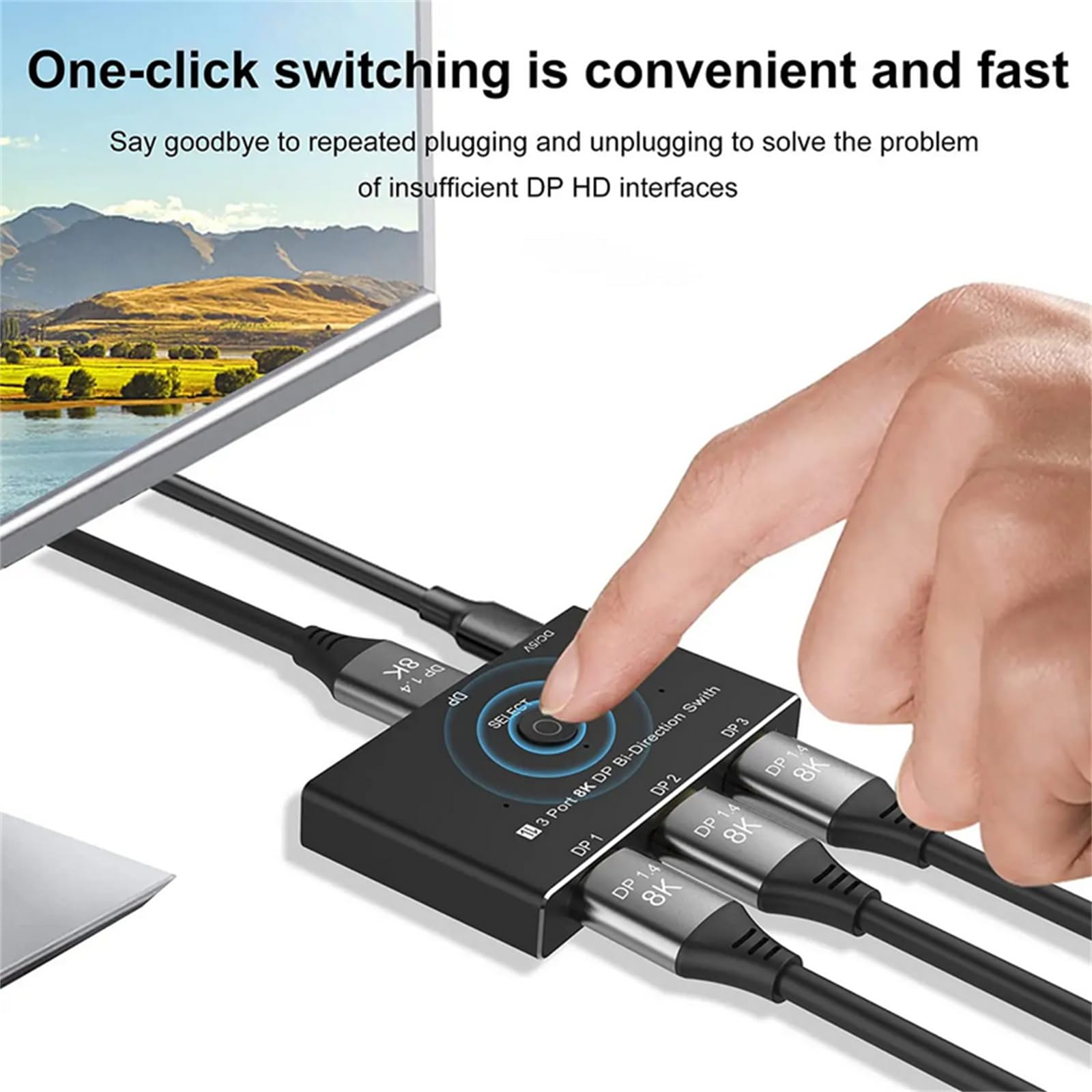 NATEFEMIN 1 in 3 Out/3 in 1 Out DisplayPort Switch, DP1.4 Selector Switch 8K@30Hz 4K@144Hz Bi-Directional HDMI Compatible for Monitor, Laptop, Gaming Console - Perfect for Multi-Screen Setup, Home Office & Gaming Stations