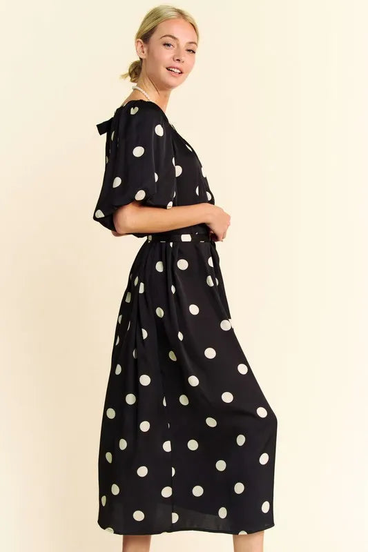 Stylish Polka Dot Puff Sleeve Midi Dress with Waist Tie - Perfect for Summer Parties, Weddings & Casual Outings