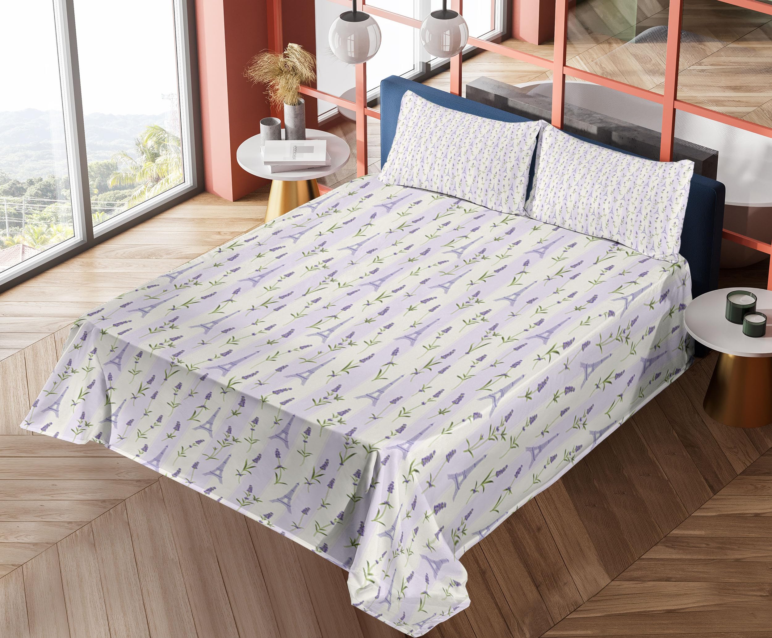 Ambesonne Paris Floral Bed Sheet Set - Lavender Flowers on Soft Stripes 4-Piece King Size, Pale Green & Lavender | Luxury Bedroom Decor for Master Bedroom, Guest Room & Vacation Homes