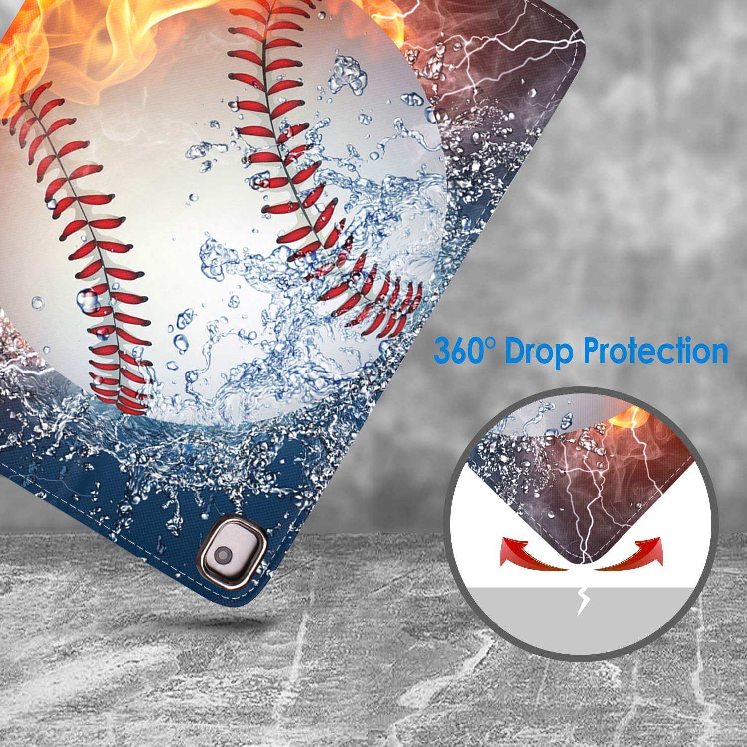Premium PU Leather Folio Case with Auto Wake/Sleep for iPad 9.7 (2017/2018), iPad Air/Air 2 (6th/5th Gen) - Burning Baseball Fire & Water Design - Includes Coaster Set - Perfect for Work, Travel & Home Use