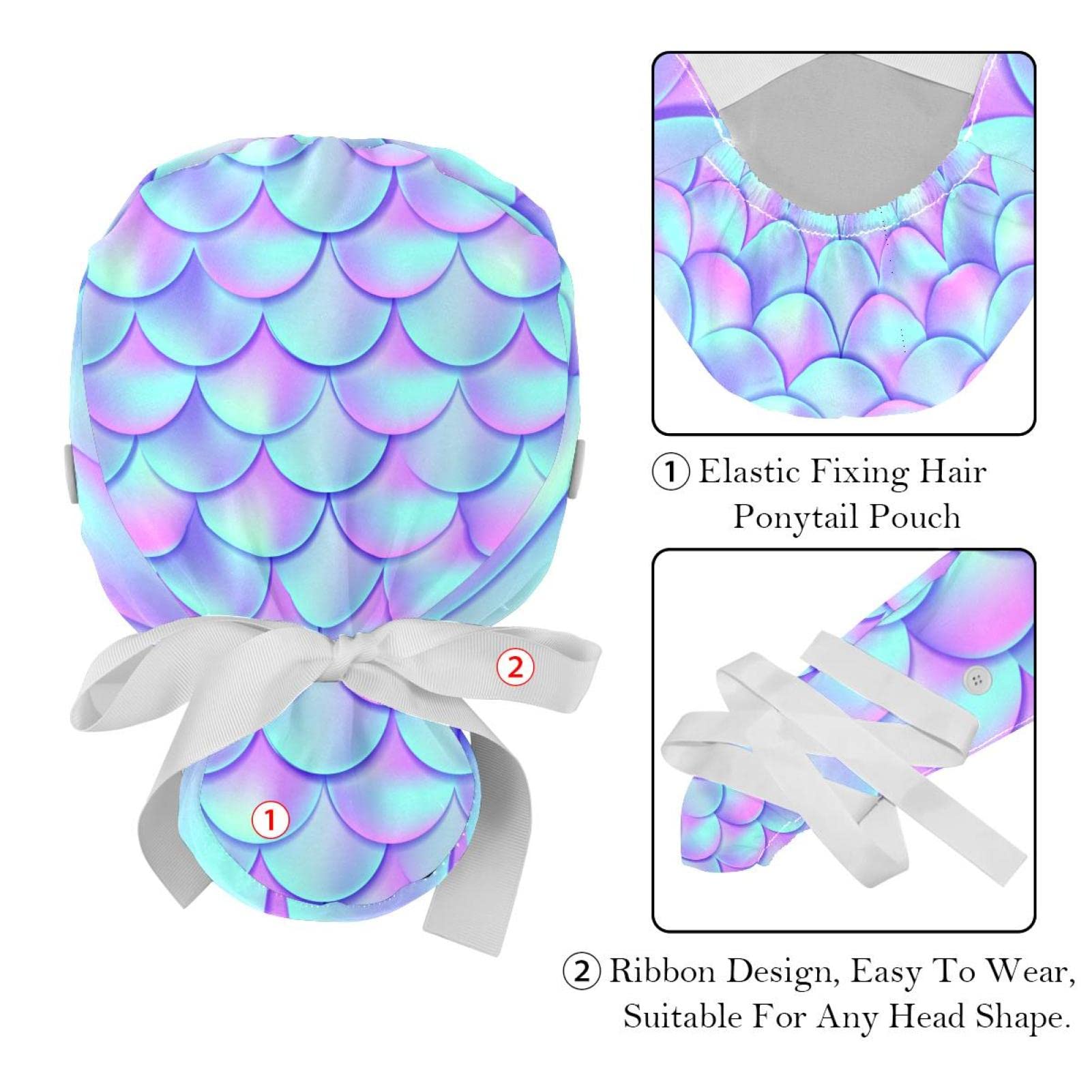 Fish Scales Mermaid Scrub Hats for Women & Men - 2 Pack Unisex Surgical Caps with Button & Sweatband for Long Hair | Comfortable Tie-Back Nurse Hats for Hospitals, Clinics & Medical Professionals