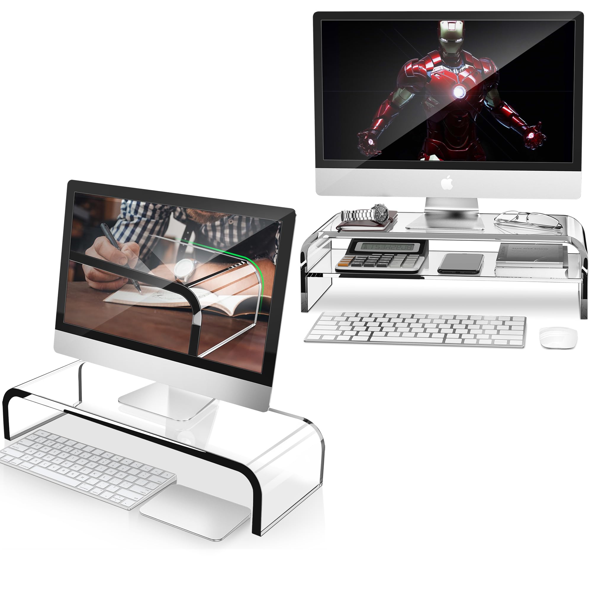 AboveTEK Premium 20 Inch Large Monitor Riser with 2-Tier Acrylic Stand - Ergonomic Computer Desk Organizer for Home Office, Workstation & Gaming Setup
