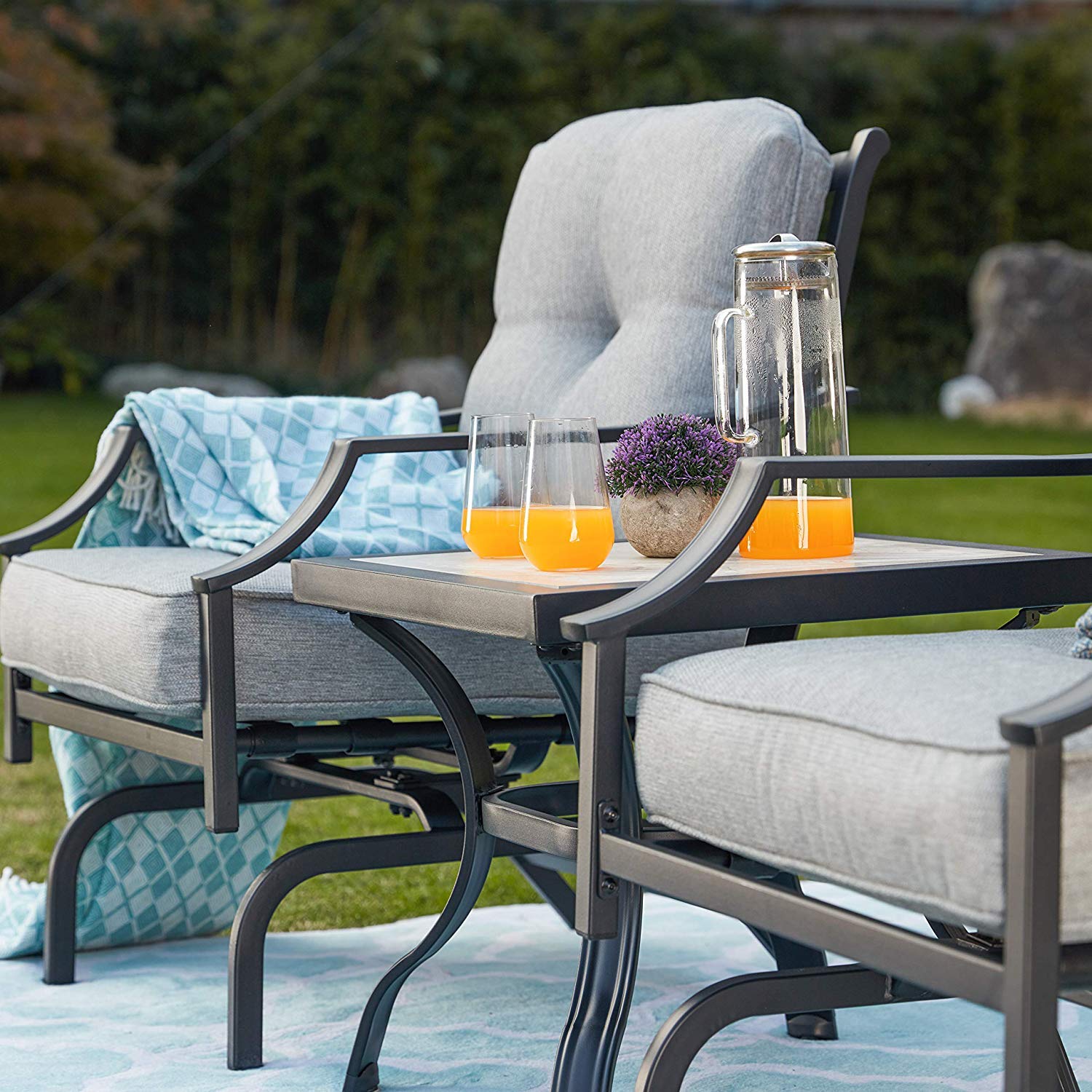 Outdoor Patio Bistro Set with Rocking Chairs & Coffee Table - 3-Piece Metal Garden Furniture with Cushions for Balcony, Lawn, or Backyard (Grey) - Perfect for Relaxing, Entertaining, and Enjoying Outdoor Gatherings