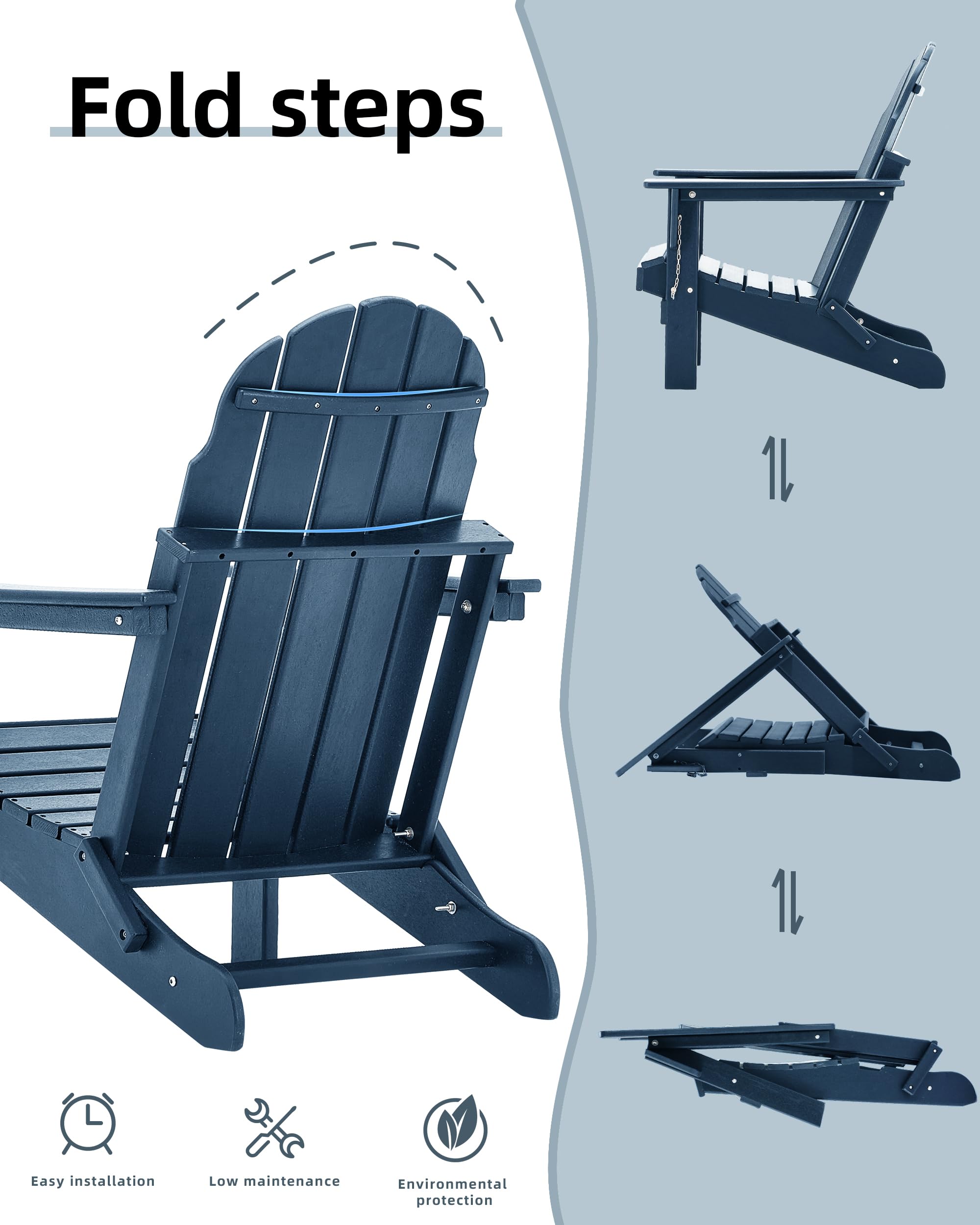 **HDPE All-Weather Folding Adirondack Chair - Navy Blue - Outdoor Fire Pit Seating, Patio, Garden, Deck & Poolside Relaxation**