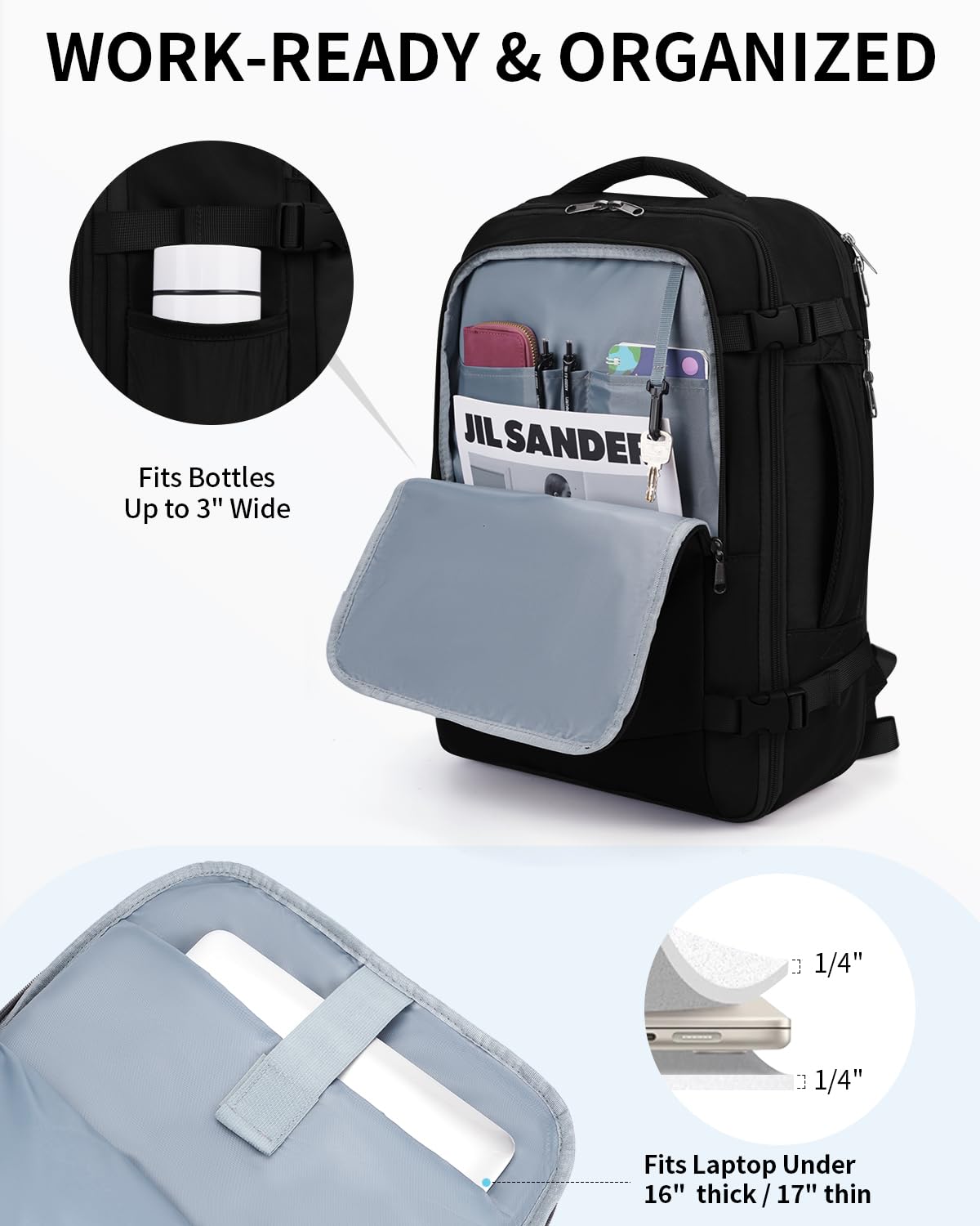 ECOHUB Expandable 30L Carry On Backpack - 17 Inch Water Resistant Laptop Backpack with 12 Pockets, Wet Pocket & USB Cable Slot | Airline Approved Personal Item (18x14x8) | Perfect for Business Travel, College Students & Daily Commute