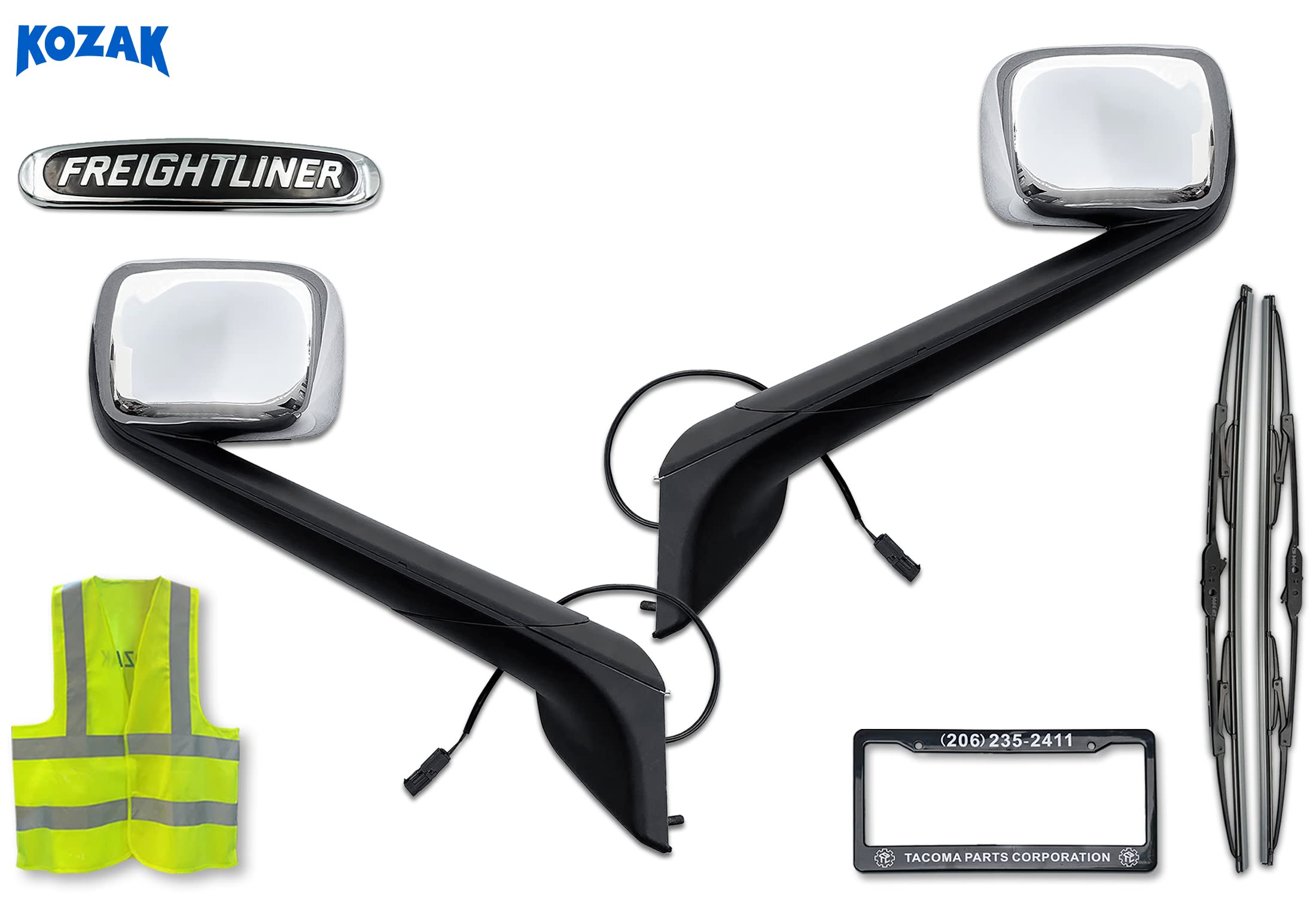 KOZAK Chrome Hood Mirrors Set for Freightliner Cascadia 2018+ - Left Driver & Right Passenger Side with Mounting Kit | Includes PLUS Logo, Windshield Wipers, License Plate Frame & Safety Vest | Perfect for Truck Upgrades & Road Safety