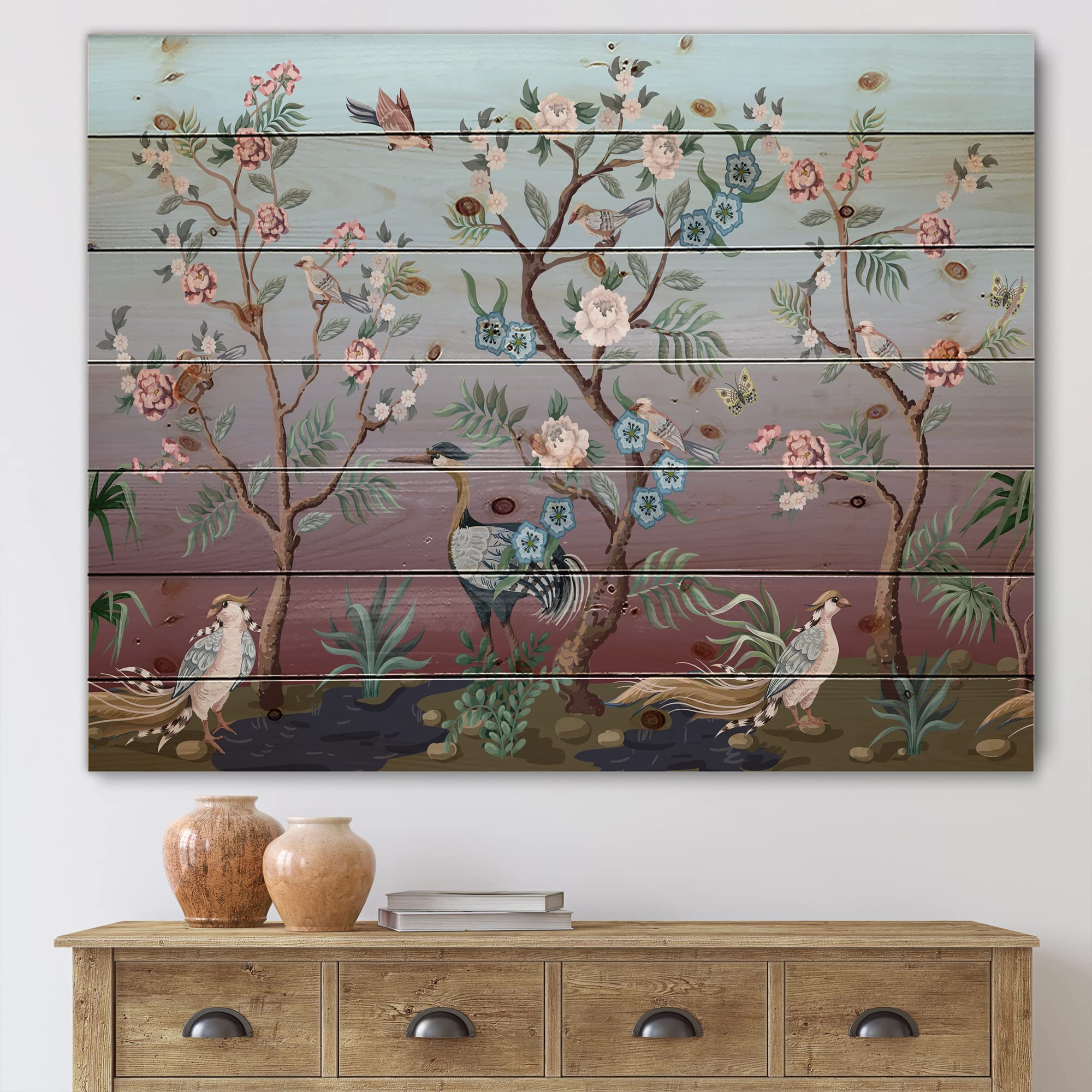 Handmade Chinoiserie Wall Art with Peonies & Birds - Traditional Blue Wooden Wall Decor, Large Animal Print on Natural Pine Wood Panel | Perfect for Living Room, Bedroom & Office Décor
