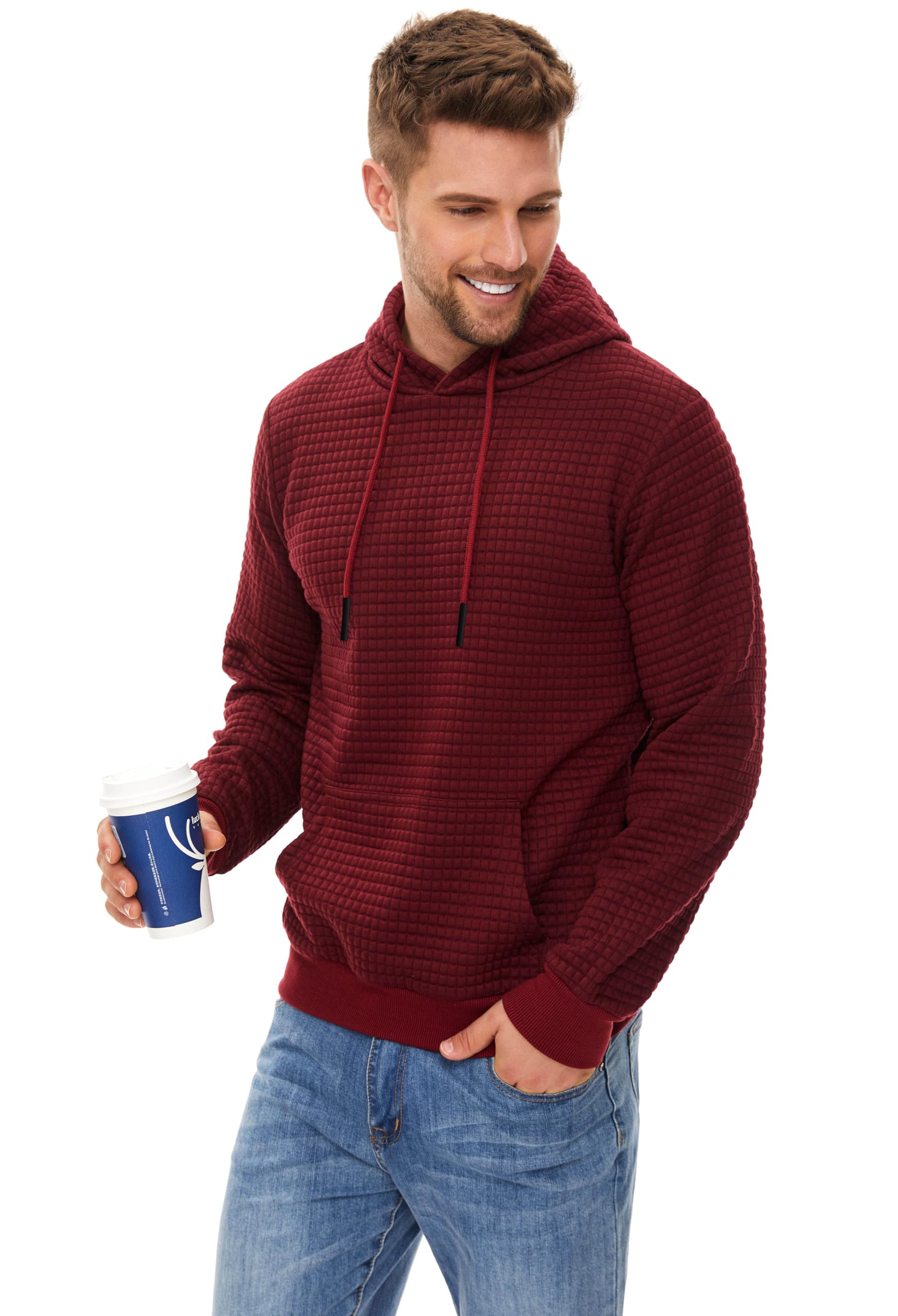 YuKaiChen Men's Plaid Jacquard Hoodie - Casual Pullover Sweatshirt with Kangaroo Pockets & Drawstring Hood | Perfect for Outdoor Activities, Streetwear & Lounge Wear