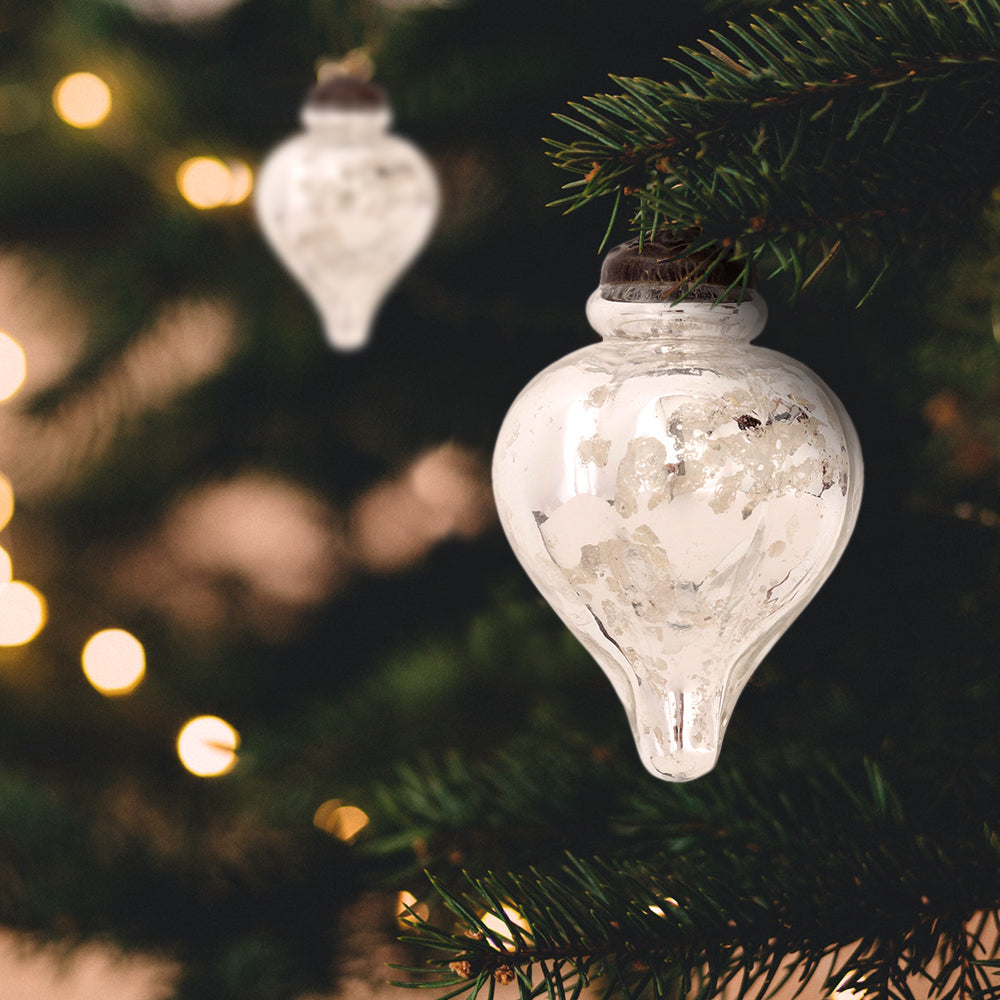 3 Pack Mercury Glass Small Ornaments - 3.25 Inch Silver Christmas Tree Decorations (Carla Design) | Perfect for Holiday Decor, Gift Giving & Home Accents