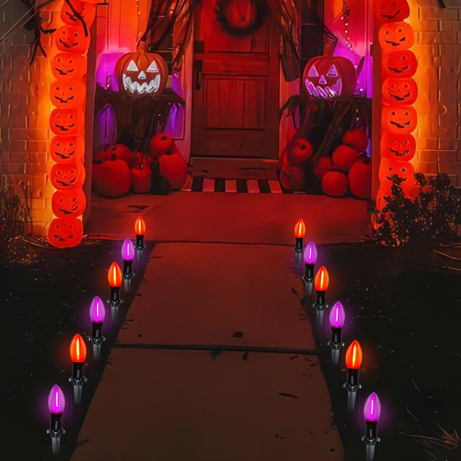 10 Pack Halloween Pathway Lights - Outdoor LED Stake Lights with C9 Clear Purple & Orange Bulbs, 19.5Ft Extendable Walkway Lighting for Garden, Yard, Porch, Driveway & Sidewalk - Perfect for Halloween Party Decorations & Spooky Nighttime Ambiance