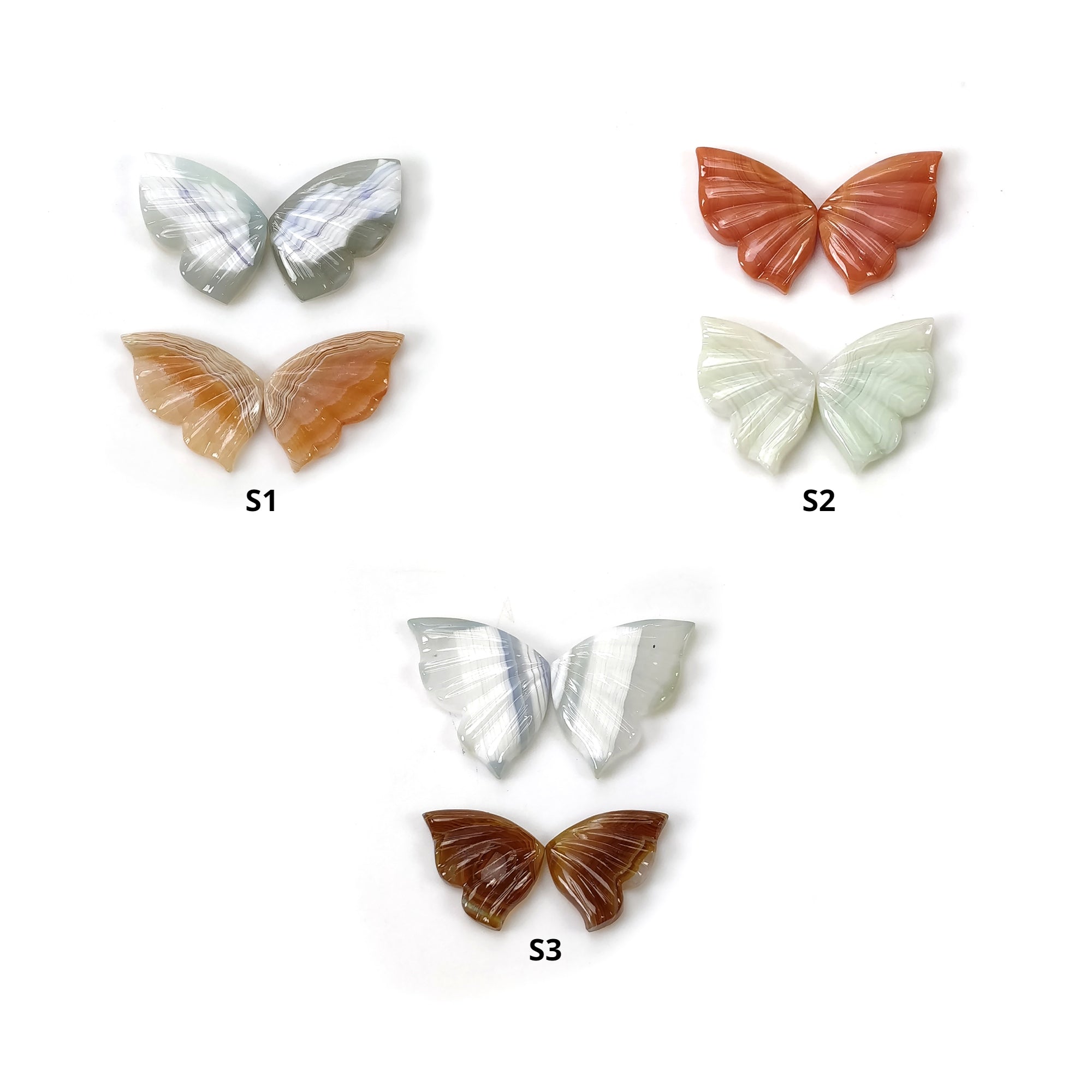 Natural Bi-Color Botswana Striped Agate Hand-Carved Butterfly Pair Set - Gemstone Carving for Jewelry Making, Home Decor & Spiritual Healing