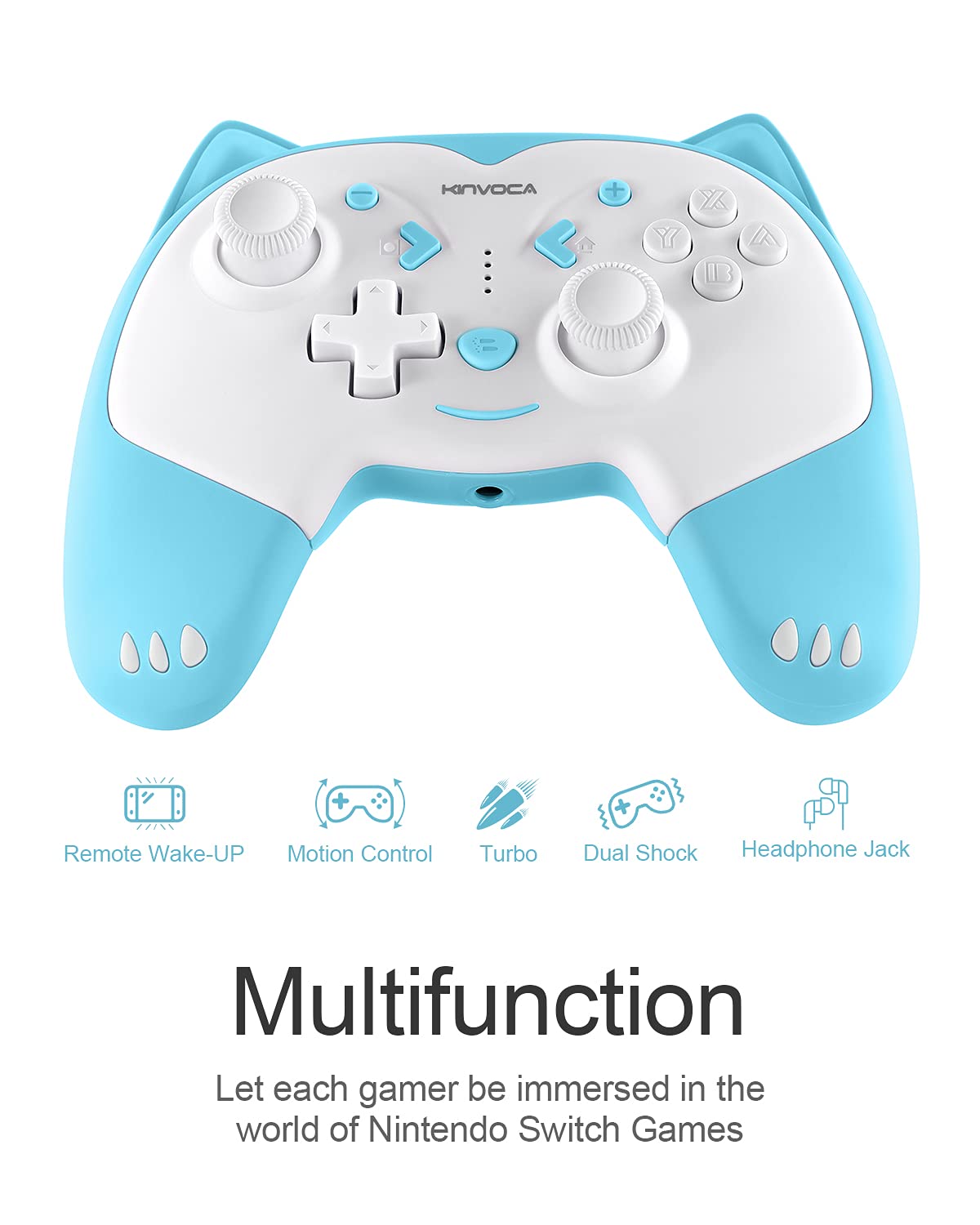 KINVOCA Wireless Pro Controller for Nintendo Switch & Switch Lite - Turbo, Motion Control, Vibration, Wake-Up, Headphone Jack & LED Breathing Light (Blue) - Perfect for Gaming, Streaming & Multiplayer Sessions