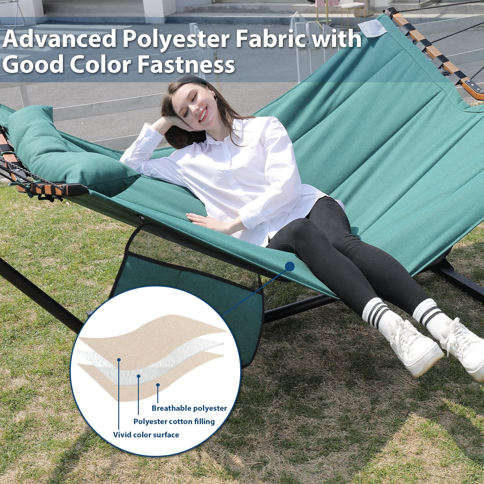 TegerDeger 12FT 2 Person Hammock - 450LB Capacity Heavy Duty Outdoor Hammock with V-Shaped Hardwood Spreader Bar & Durable Nylon Rope - Perfect for Backyard, Garden, Patio, Beach, Camping & Poolside Relaxation - Lake Blue