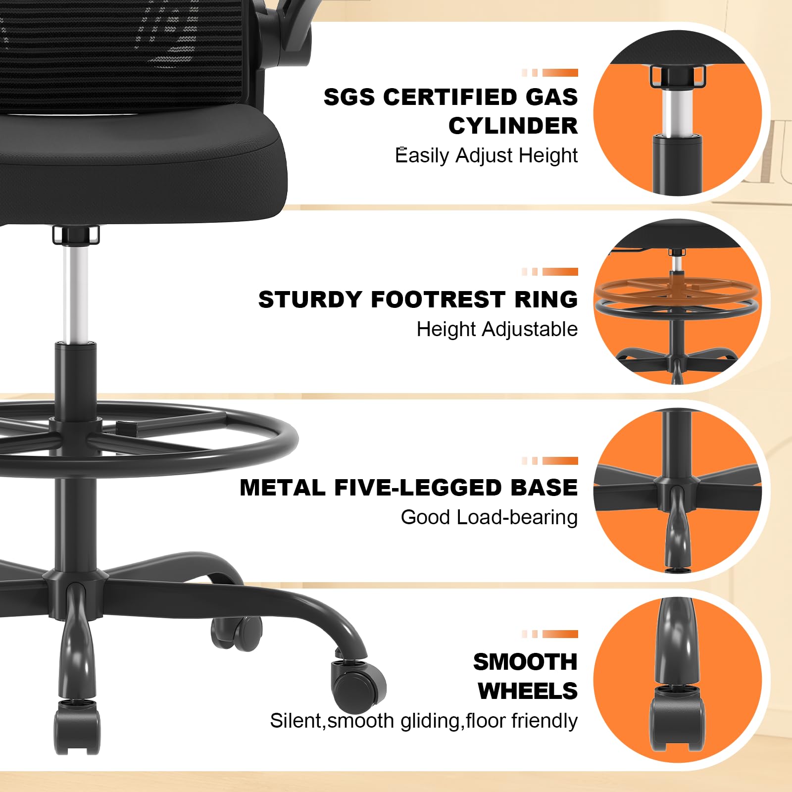 Synorla Ergonomic Drafting Chair - Adjustable Height Office Chair with Flip-Up Armrests, Breathable Mesh Back & Lumbar Support, Footrest Ring for Standing Desks - Perfect for Home Office, Studio & Architectural Workstations