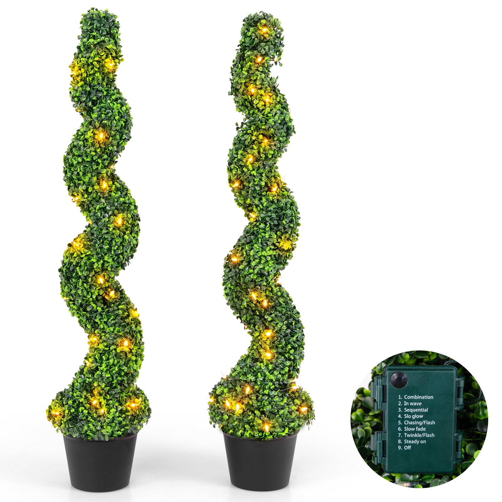 Goplus 4FT Pre-Lit Artificial Spiral Boxwood Topiary Tree with 100 LED Lights, 2 Pack 47