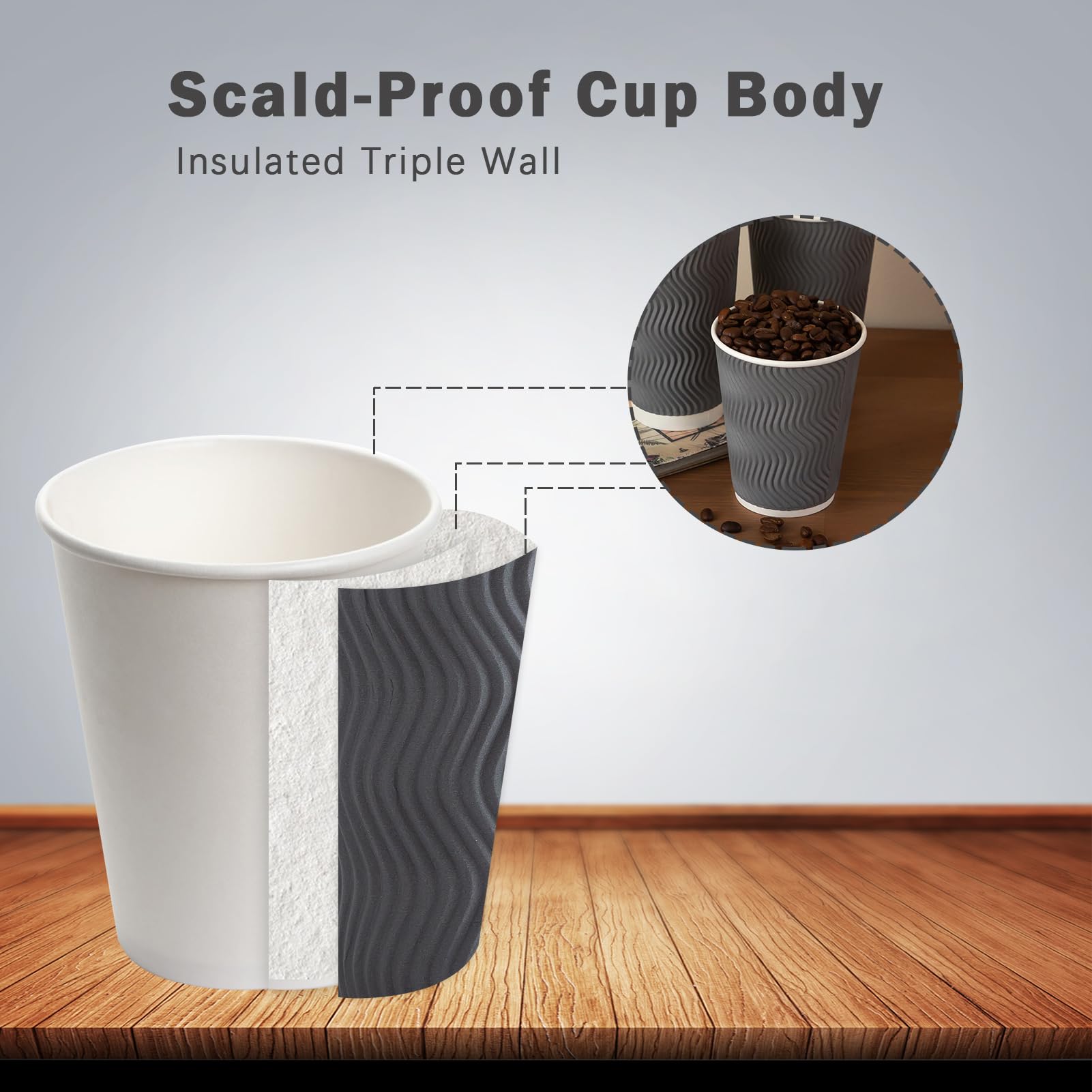 12oz Disposable Paper Coffee Cups 120 Pack - Insulated Corrugated Ripple Wall Design for Hot & Cold Drinks | Perfect for Office, Home, Cafe, Party & Travel Use (Gray)