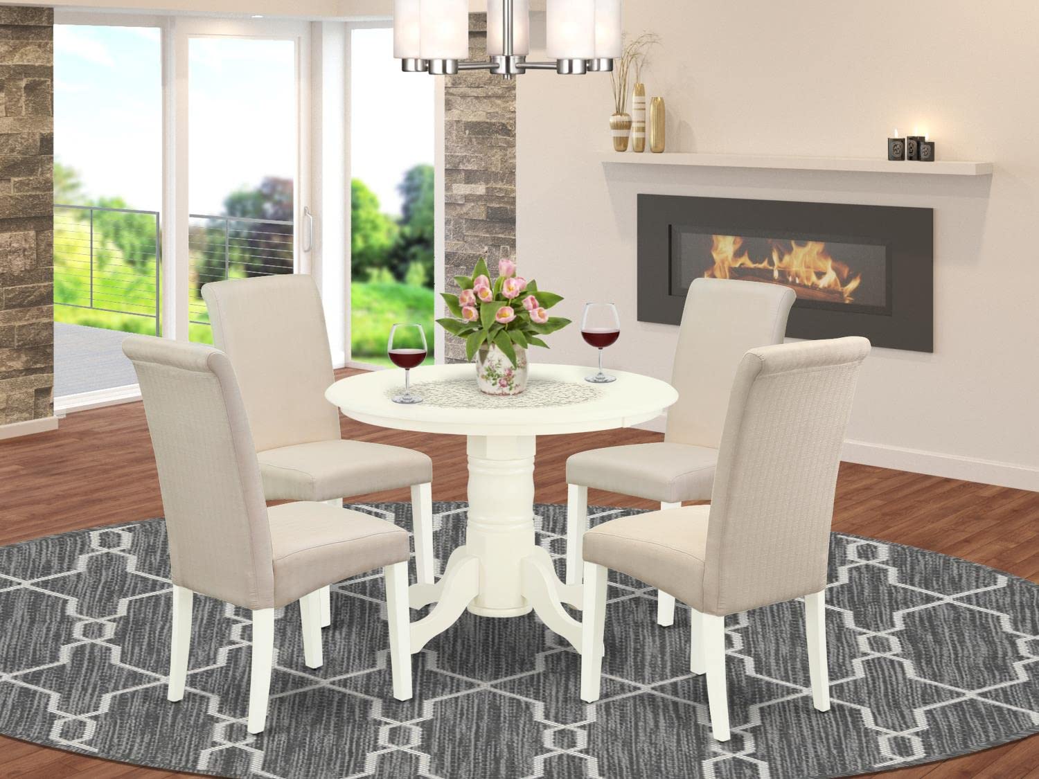 East West Furniture 5-Piece Round Dinette Set with Pedestal Table & 4 Cream Linen Fabric Chairs - 42x42 Inch, White - Perfect for Small Kitchen, Breakfast Nook, or Apartment Dining Area