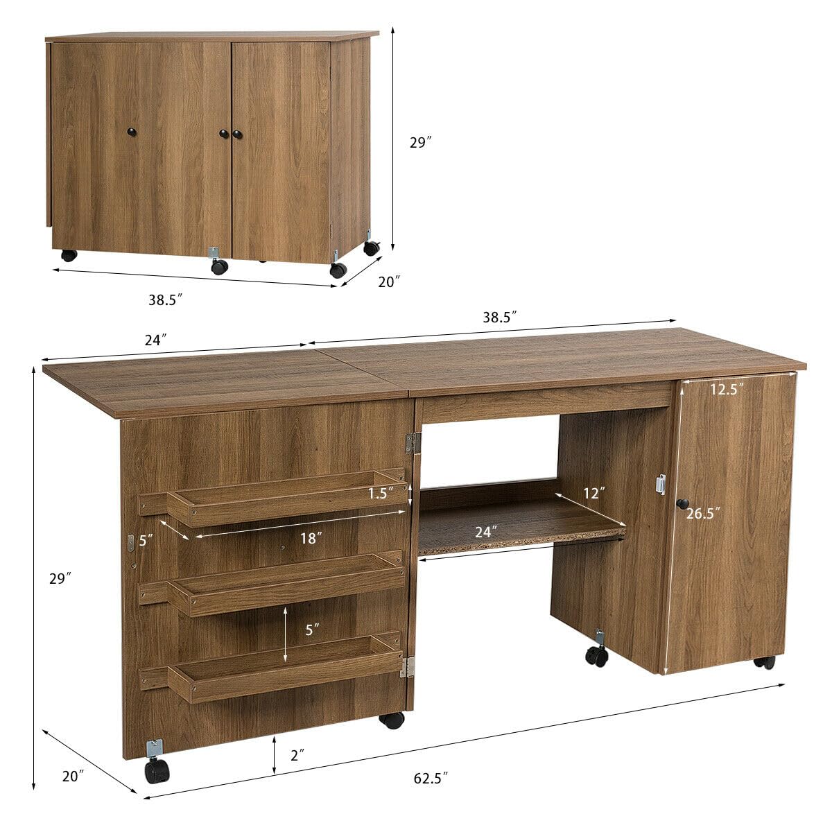Foldable Sewing & Craft Table with 3 Storage Bins, Adjustable Shelf & Lockable Wheels - Compact Rolling Sewing Machine Workstation for Small Spaces & Apartments - Perfect for Quilting, DIY Projects & Home Crafting (Natural Wood Finish)