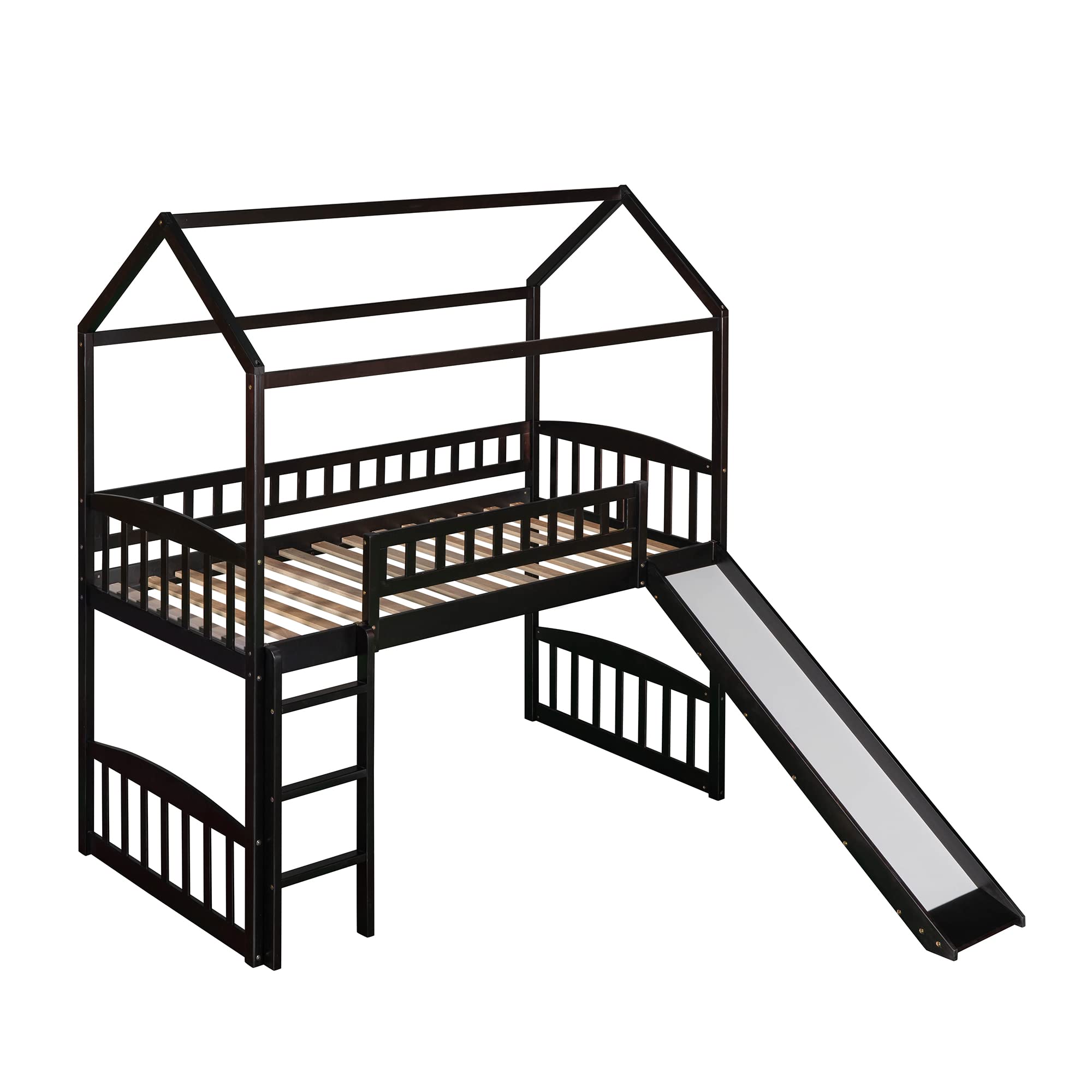 **Merax Twin Loft Bed with Slide & Ladder - Wooden House Style Bed with Roof & Guardrails for Kids & Teens (Espresso) - Perfect for Bedrooms, Playrooms & Small Spaces**