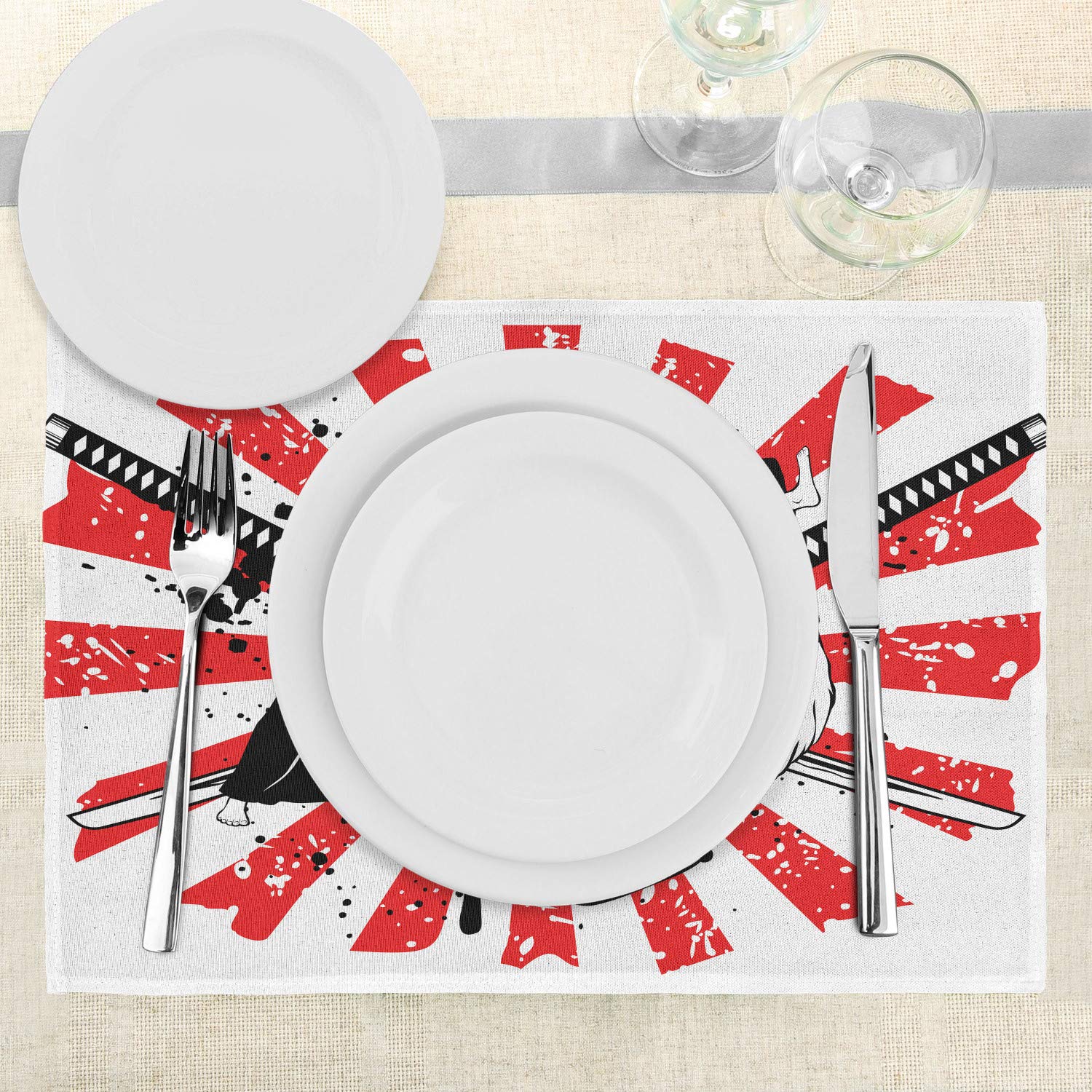 Ambesonne Japanese Samurai Place Mats Set of 4 - Crossed Katana & Aikido Design, Washable Fabric Table Mats for Dining Room & Kitchen Decor (Orange, Black, White) - Perfect for Asian-Themed Dinner Parties, Sushi Nights & Zen Home Decor