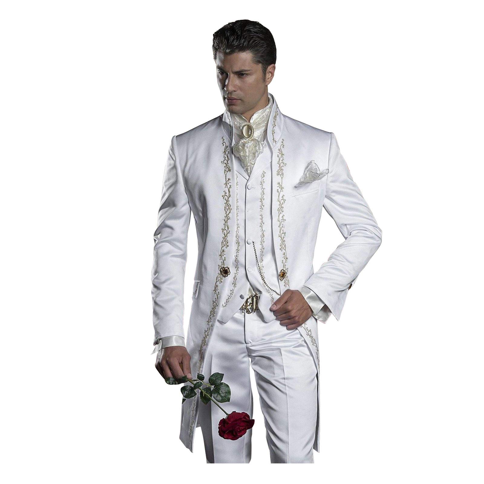 Men's Embroidered White Mandarin Lapel Tuxedo Suit 3-Piece Set - Wedding, Prom, Best Man Blazer for Formal Occasions & Special Events