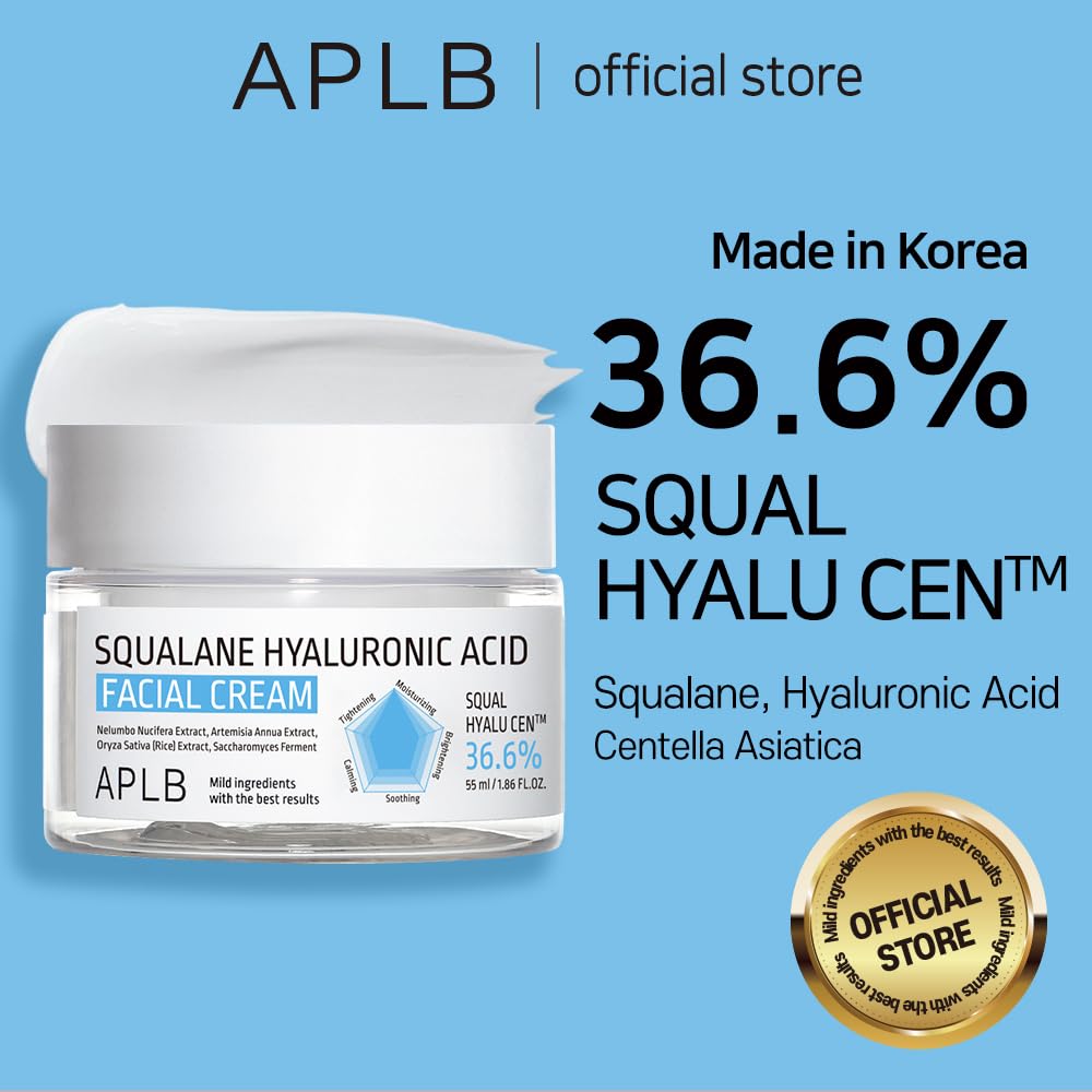 APLB Squalane Hyaluronic Acid Facial Cream 1.86 fl oz - Korean Skincare for Deep Hydration, Wrinkle Care & Skin Revitalization | Best Moisturizer for Dry Skin, Improves Skin Texture | Use for Night Routine, Daily Skincare & Anti-Aging Regimen