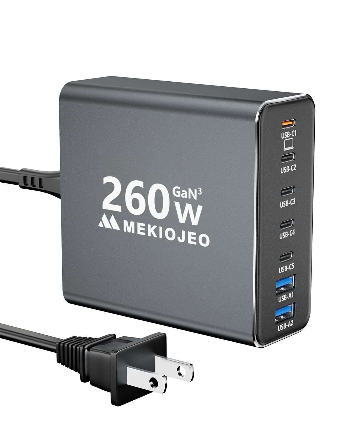 260W GaN Fast Charger Station - 7 Port USB C Charger with 65W Laptop Charging | Aluminum Alloy Design for MacBook Pro/Air, iPad Pro, iPhone | Perfect for Home, Office & Travel (Grey)