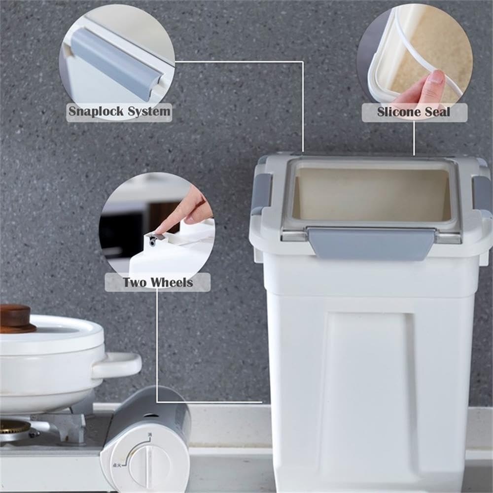 HANAMYA 15 Liter / 15 lbs Airtight Pet Food Storage Container with Measuring Cup - BPA Free for Dog Food, Cat Food, Rice, Grain & Flour - White & Gray (2 Pack) - Perfect for Kitchen Pantry & Pet Food Organization