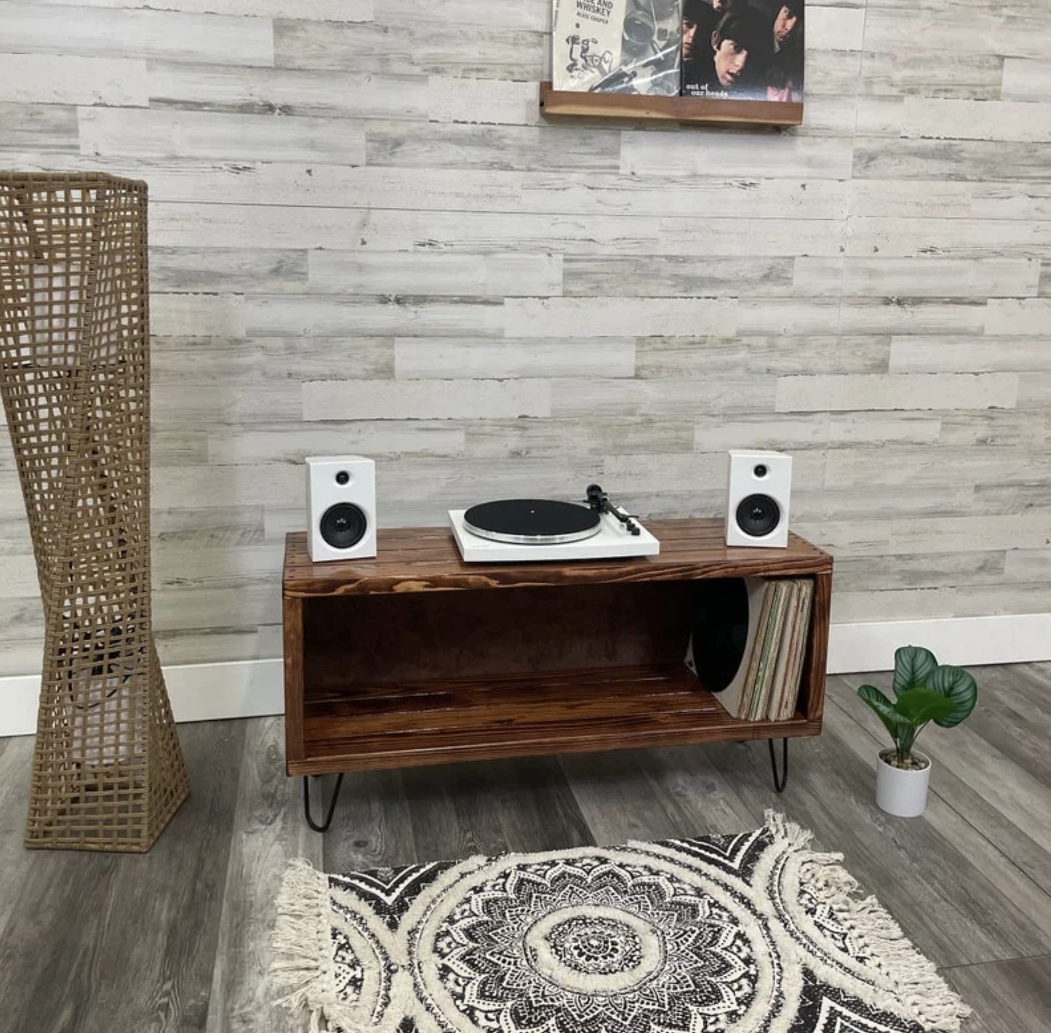 Vinyl Record Storage Furniture - Record Player Stand & Media Console with TV Stand | LP Storage & Turntable Stand in Honey Finish (40